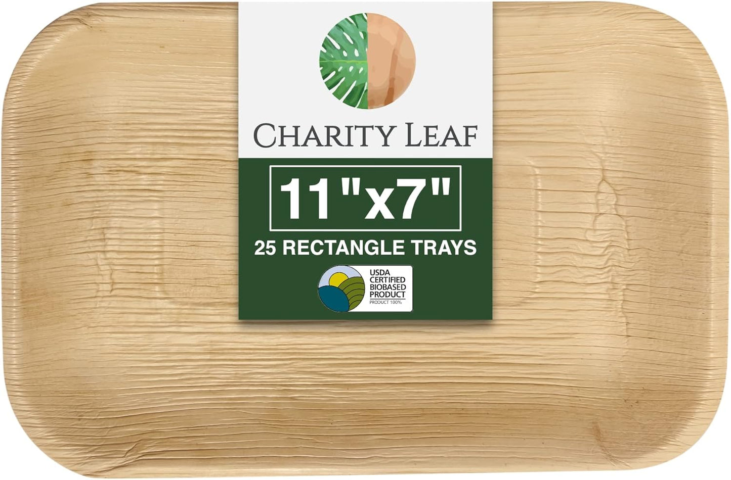 Charity Leaf Eco-Friendly Palm Leaf Trays - 11"x7" (25-Pack) | Bamboo-Style, Disposable Serving Platters | Perfect for Weddings & Events | Green & Compostable Dinnerware