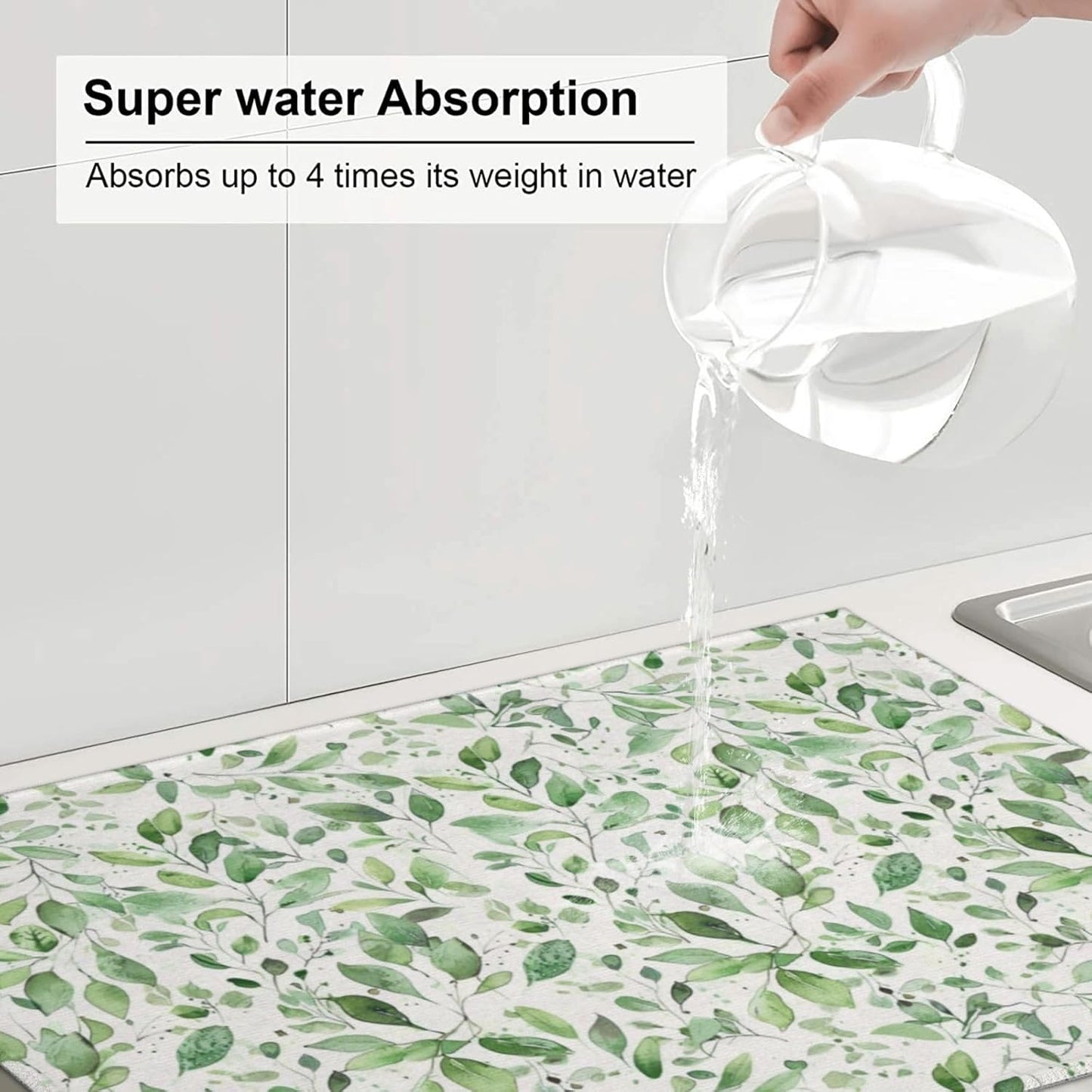 Green Leaves Dish Drying Mat, Highly Absorbent Microfiber Kitchen Counter Pad Reusable Washable, 18*24"