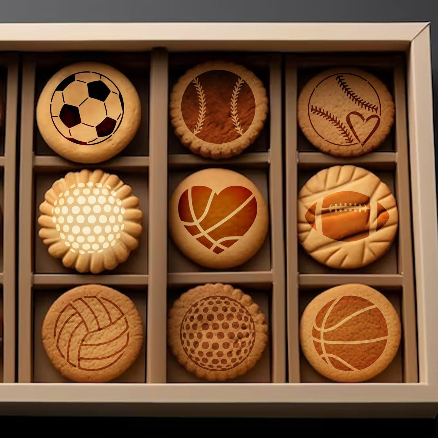 Small Sports Ball Stencil for Cakes Cupcake Cookie Decorating Stencils Reusable Football Basketball Baseball Golf Soccer Stencil on Baking Coffee Decorating Card Making (25 Sport Cookie)