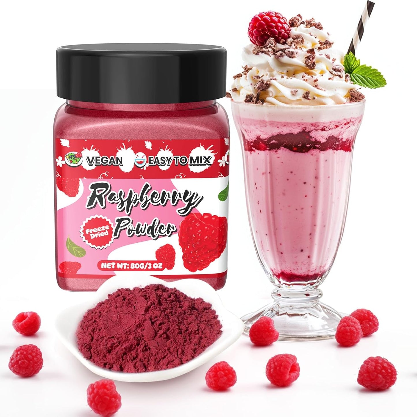 Raspberry Powder - 100% Natural Freeze Dried Raspberry Powder, No Additive Natural Food Coloring, Ideal for Baking, Smoothies, Beverages, Yogurt Bowls, Non-GMO, Vegan - 3oz