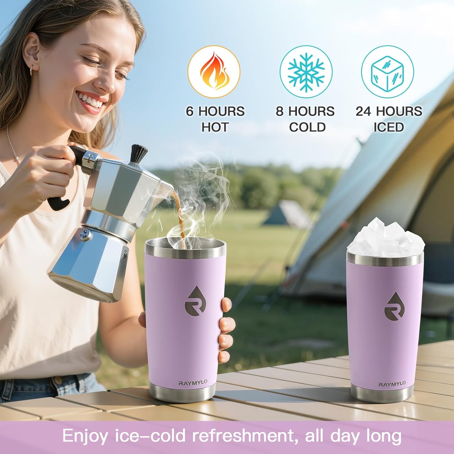 20 oz Coffee Tumbler - Insulated Stainless Steel Travel Mug for Hot/Cold, Spill Proof with BPA-Free Detachable Lid, Coffee Cup Fits Most Car holder, Includes Chic Stickers, Light Purple