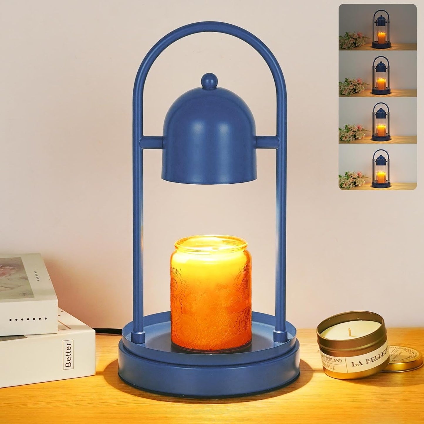 Birdcage Candle Warmer Lamp with Timer, Dimmable Candle Lamp Warmer, Electric Candle Lamp for Various Jar Candles, Vintage Lamp Candle Warmer for Bedroom, Blue Candle Light Warmer with 2 Bulbs