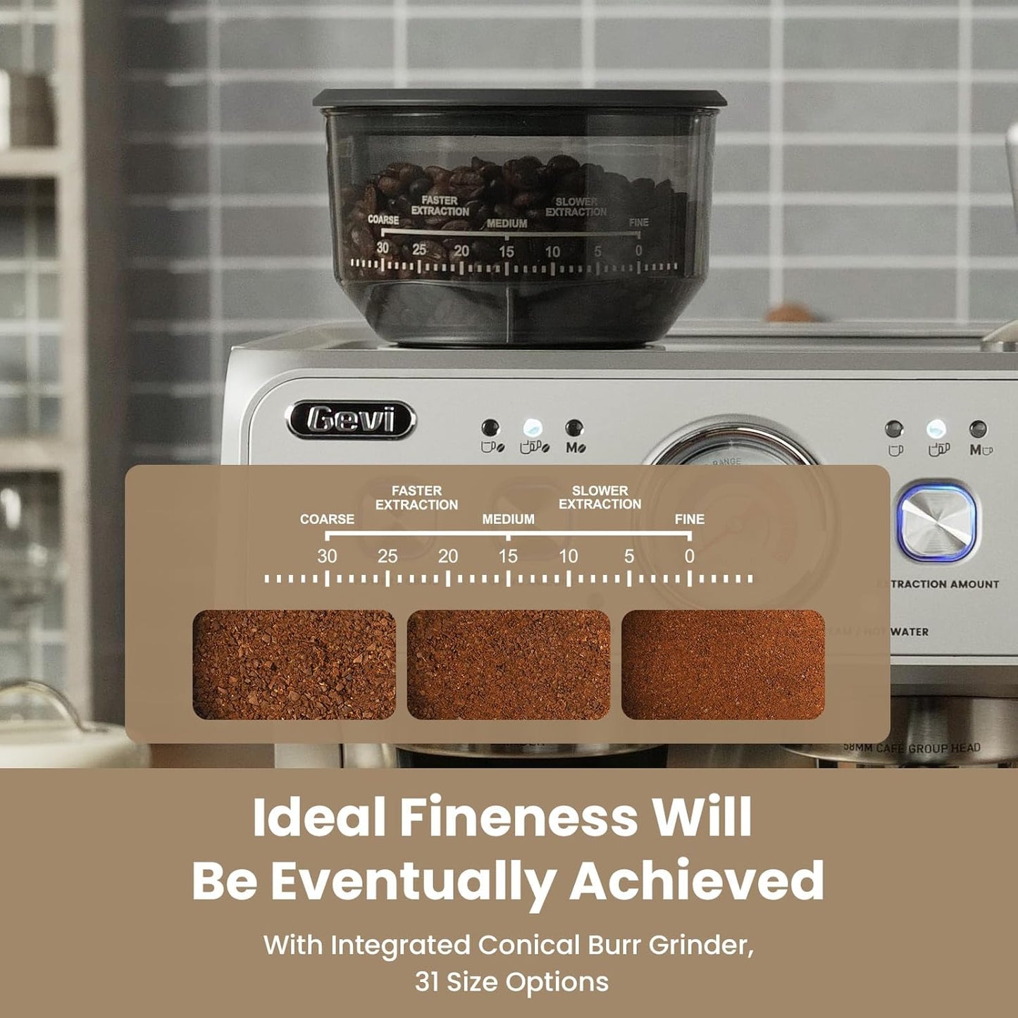 Gevi [2024 Upgraded Dual Boiler Espresso Machine EzBru 2000 | 58mm Grouphead | Barista Level Steam Wand | Built-in Grinder With 31 Size Settings | Full Stainless Steel Housing | Sterling Silver