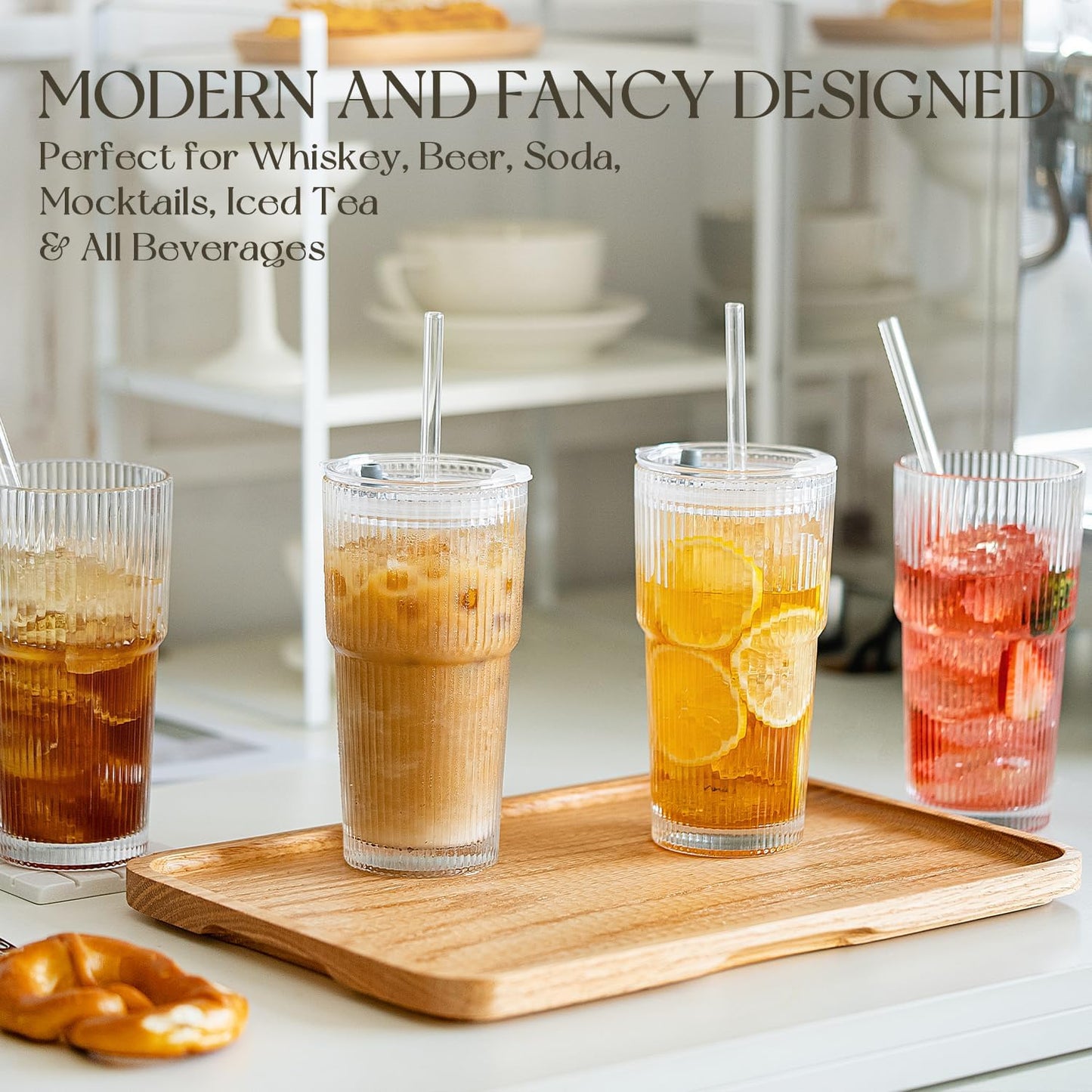 KEMORELA 2-Pack Ribbed Glass Tumblers with Lids & Straws – Vintage Iced Coffee Cups, Reusable Smoothie & Cocktail Drinking Glasses, Clear Glassware for Home or Cafe