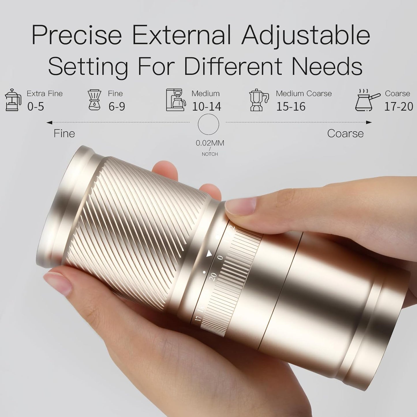 Manual Coffee Grinder with Numerical External Adjustable Setting, Capacity 30g with CNC Stainless Steel Conical Burr (gold)