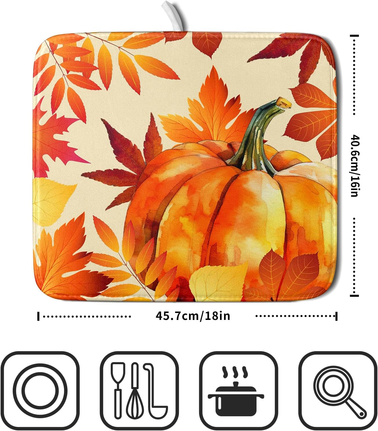 Autumn Pumpkin Maple Leaf Dish Drying Mat for Kitchen Counter,Thanksgiving Fall Holiday Drying Mat with Hanging Loop 16 x 18 Inch Microfiber Dish Drying Pad Dish Rack Drainer Mat for Coffee Bar