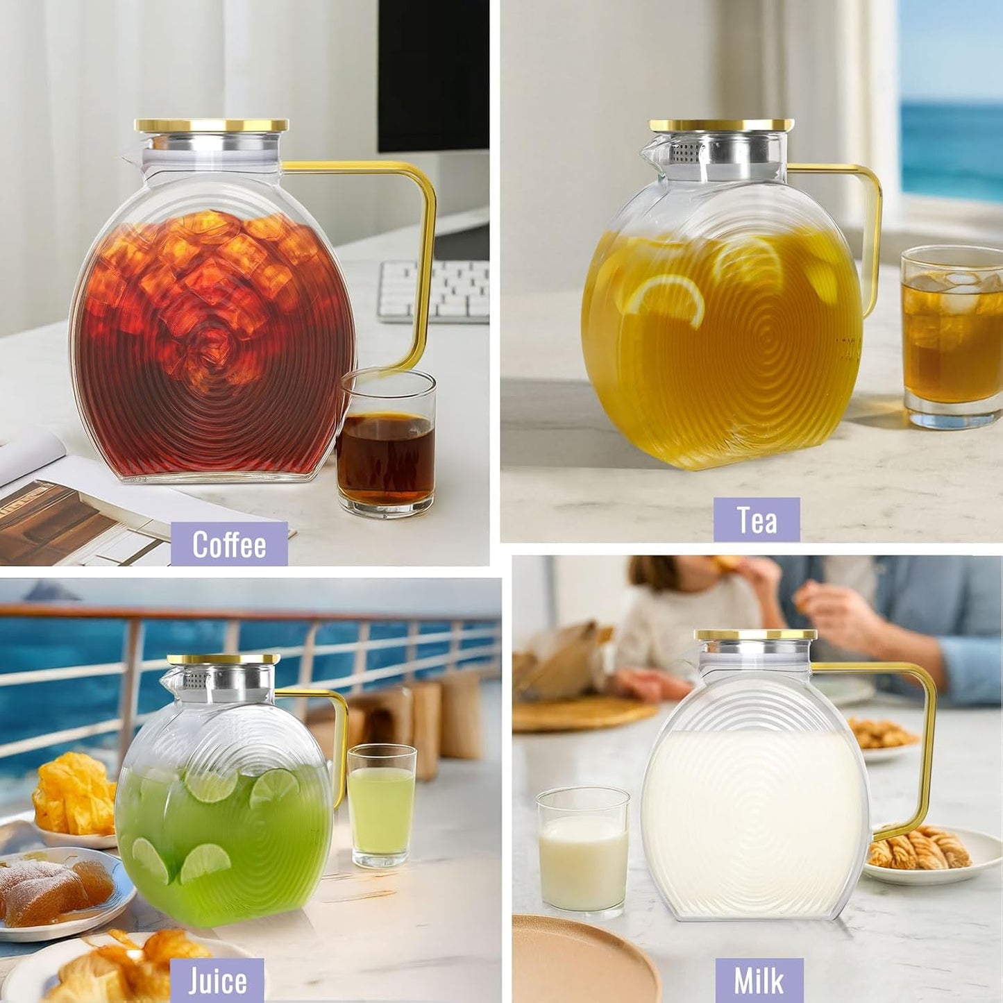 Glass Pitcher With Lid, 2 Liter 68 oz Glass Water Pitchers With handle and lid, 0.528 Gallon Tea Pitcher For Fridge, Carafe Jug Jar For Hot/Cold Water Iced Tea Juice Coffee Milk Beverage