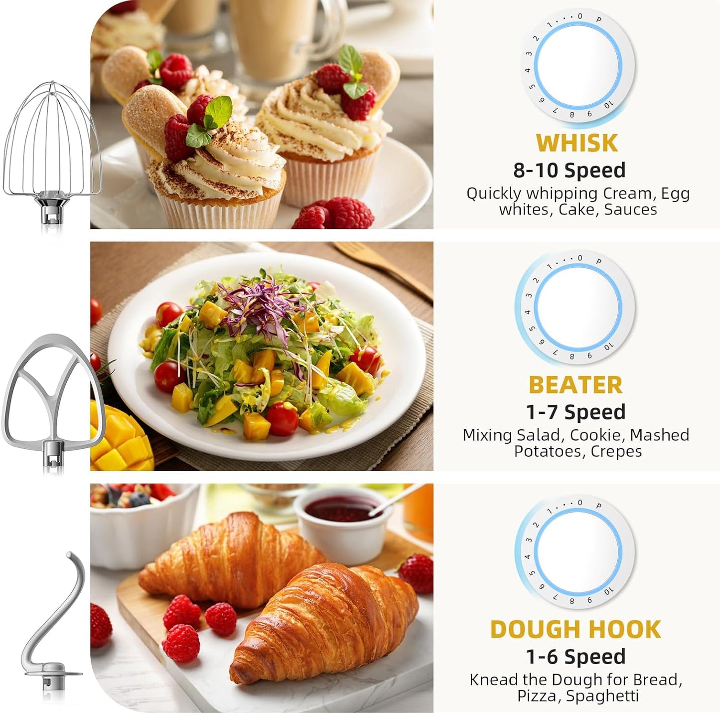 Stand Mixer, 6QT 10+P Speed Tilt-Head Kitchen Electric Mixer, Food Mixer with Stainless Steel Bowl, Dough Hook, Flat Beater, Wire Whisk, Splash Guard for Daily Use - Silver