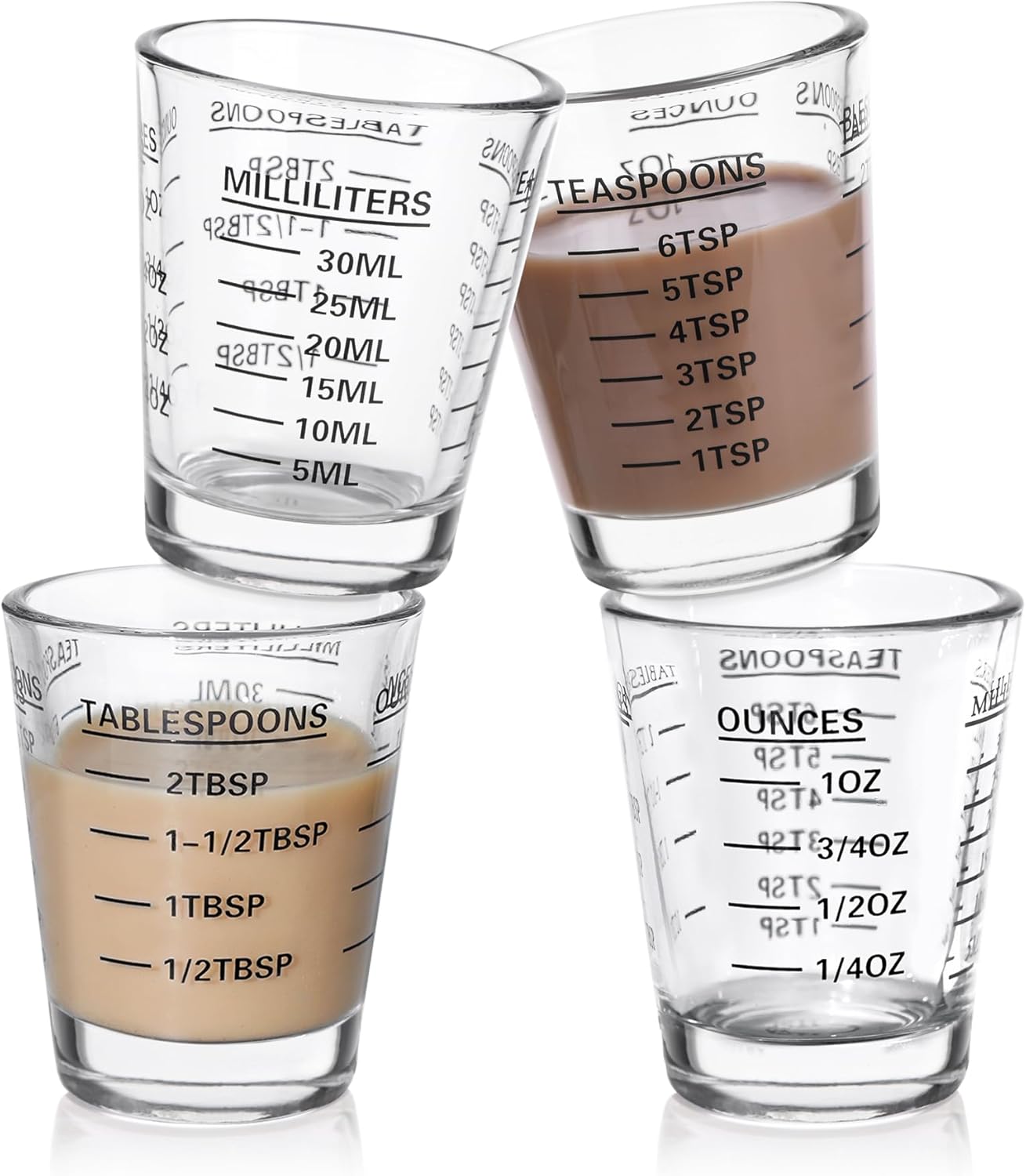 Shot Glasses Measuring Cup Set 4PACK Espresso Shot Glasses Liquid Heavy Glass 26-Incremental Measurement 1 OZ, 2 TBS, 6 TSP, 30 ML Kitchen Tools (Black)