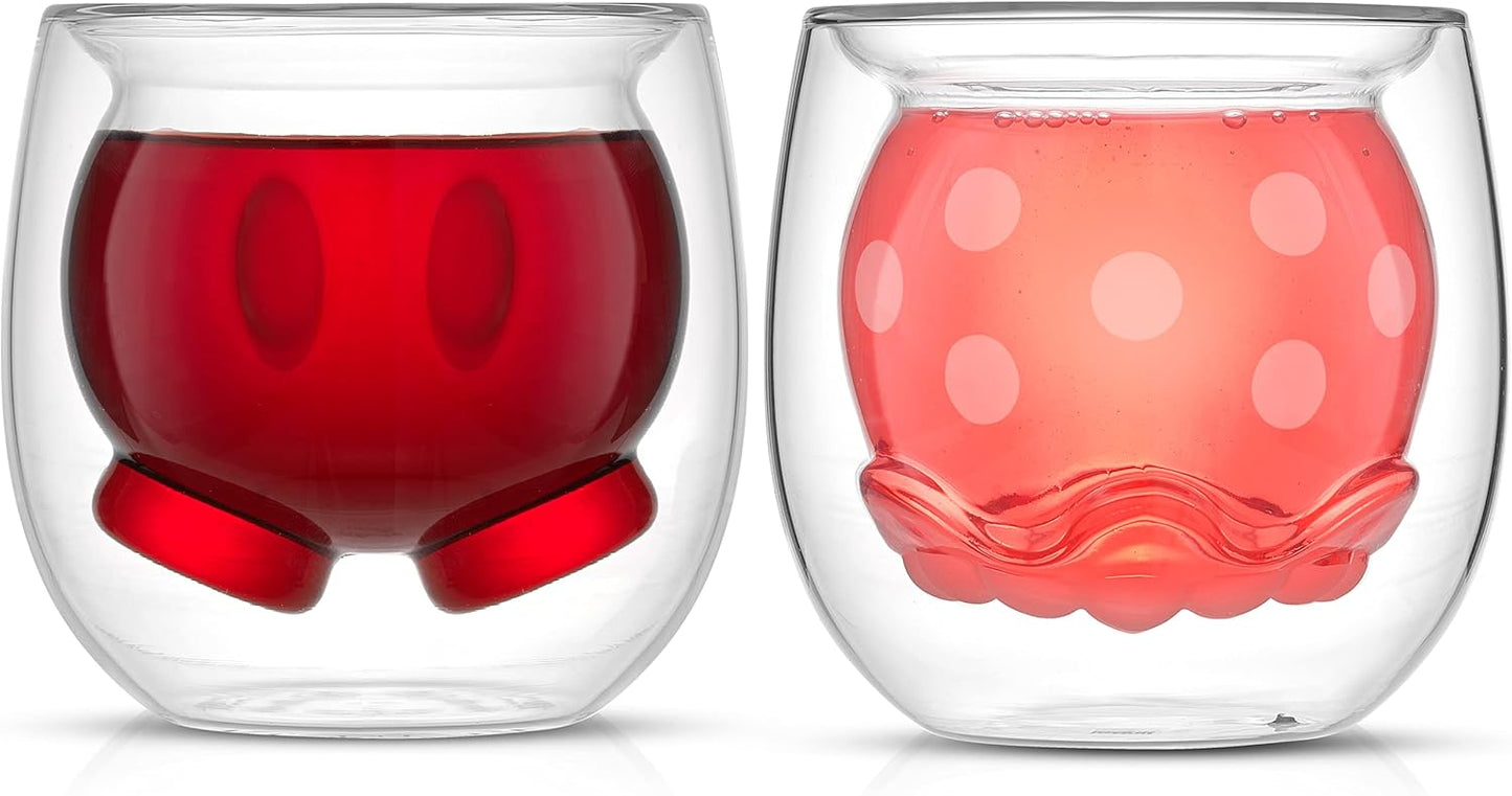 JoyJolt Mickey Pants and Minnie Skirt 3D 7.4oz Double Wall Glass Coffee Cups Set of 2, Disney Coffee Mug, Espresso and Tea Cups, Collection of Double Wall Glasses, Disney Gifts