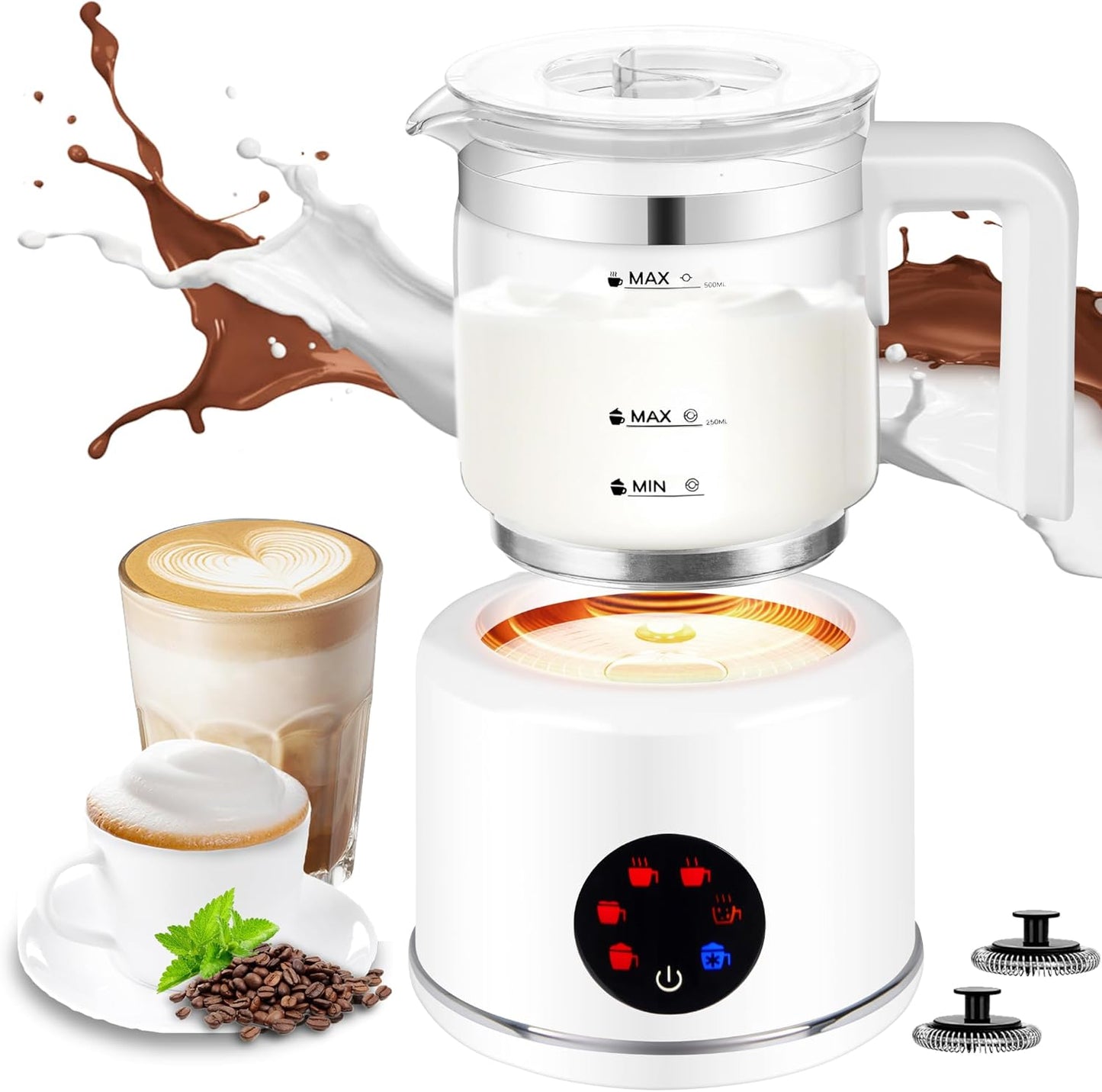 Milk Frother and Steamer, 6 in 1 Milk Steamer and Milk Warmer, 17oz Auto Shut Off Electric Frother with Touch Screen, Hot/Cold Foam Maker for Coffee, Latte, Cappuccino, Hot Chocolate