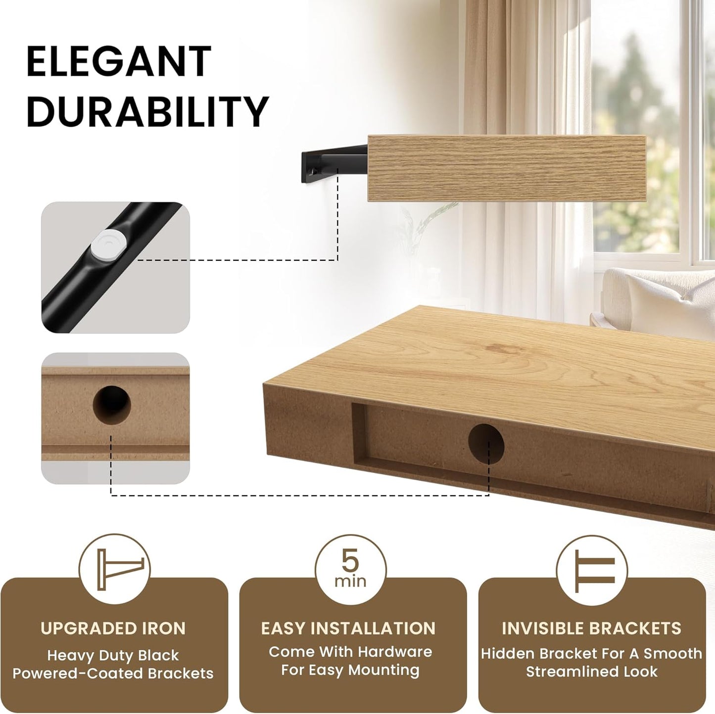 Square Floating Shelves for Wall, 8" W x 8" D x 1.2" H, Small Wooden Wall Mounted Display Shelves with Invisible Brackets for Living Room, Bedroom, Bathroom, Kitchen Decor, Set of 4, Oak