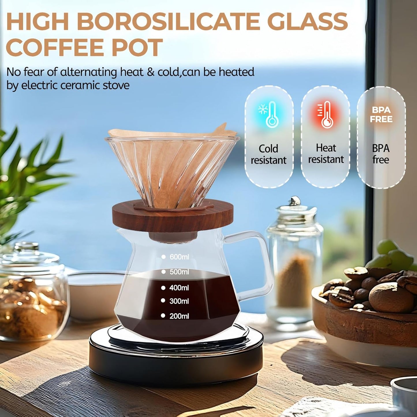 Pour Over Coffee Maker 600ml Borosilicate Glass Drip Coffeemaker Server Set with 100pcs V60 Cone Paper Filters Walnut Collar Glass Lid Clear Hand Brew Dripper Carafe for Home Camping Travel 20.29oz