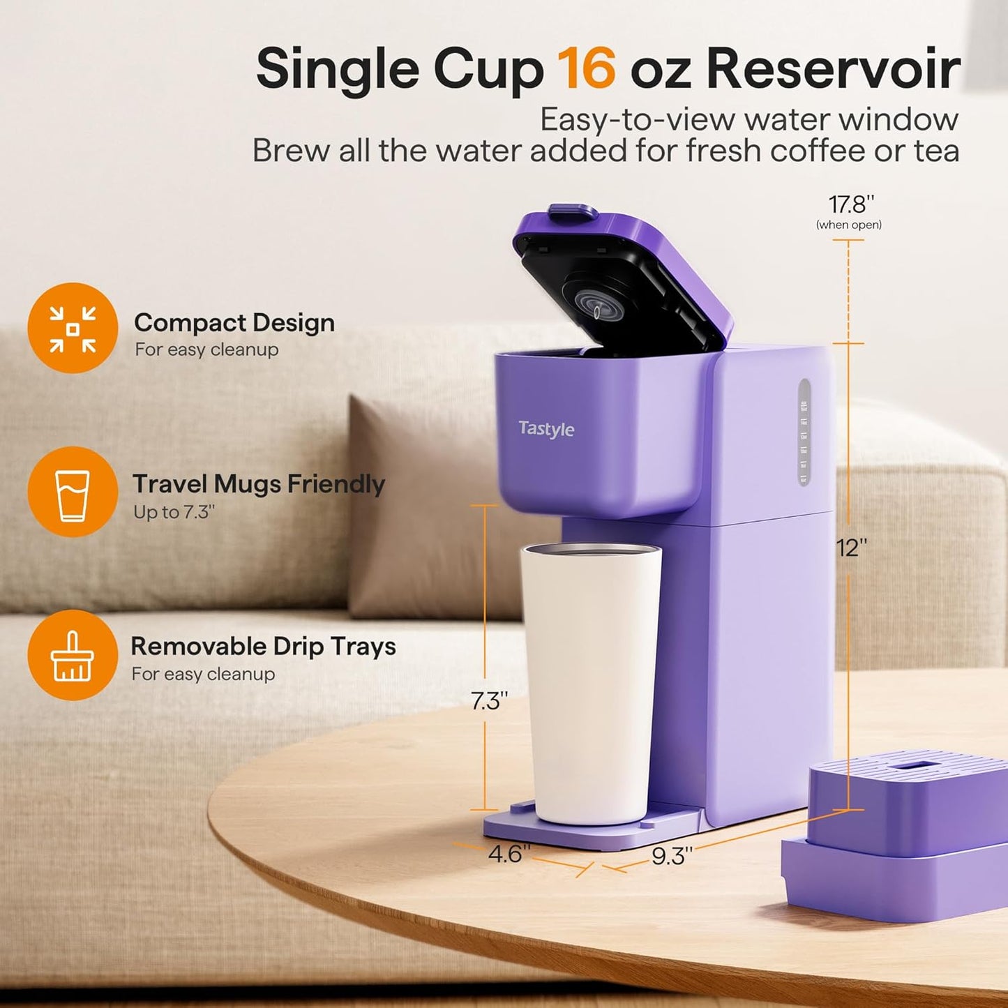Single Serve Coffee Maker for K Cup, Ground and Tea, Hot and Iced Coffee Machines with Bold Setting, 6 to 16 Oz Brew Sizes, Compact for Small Spaces, Purple (2.0 Version)
