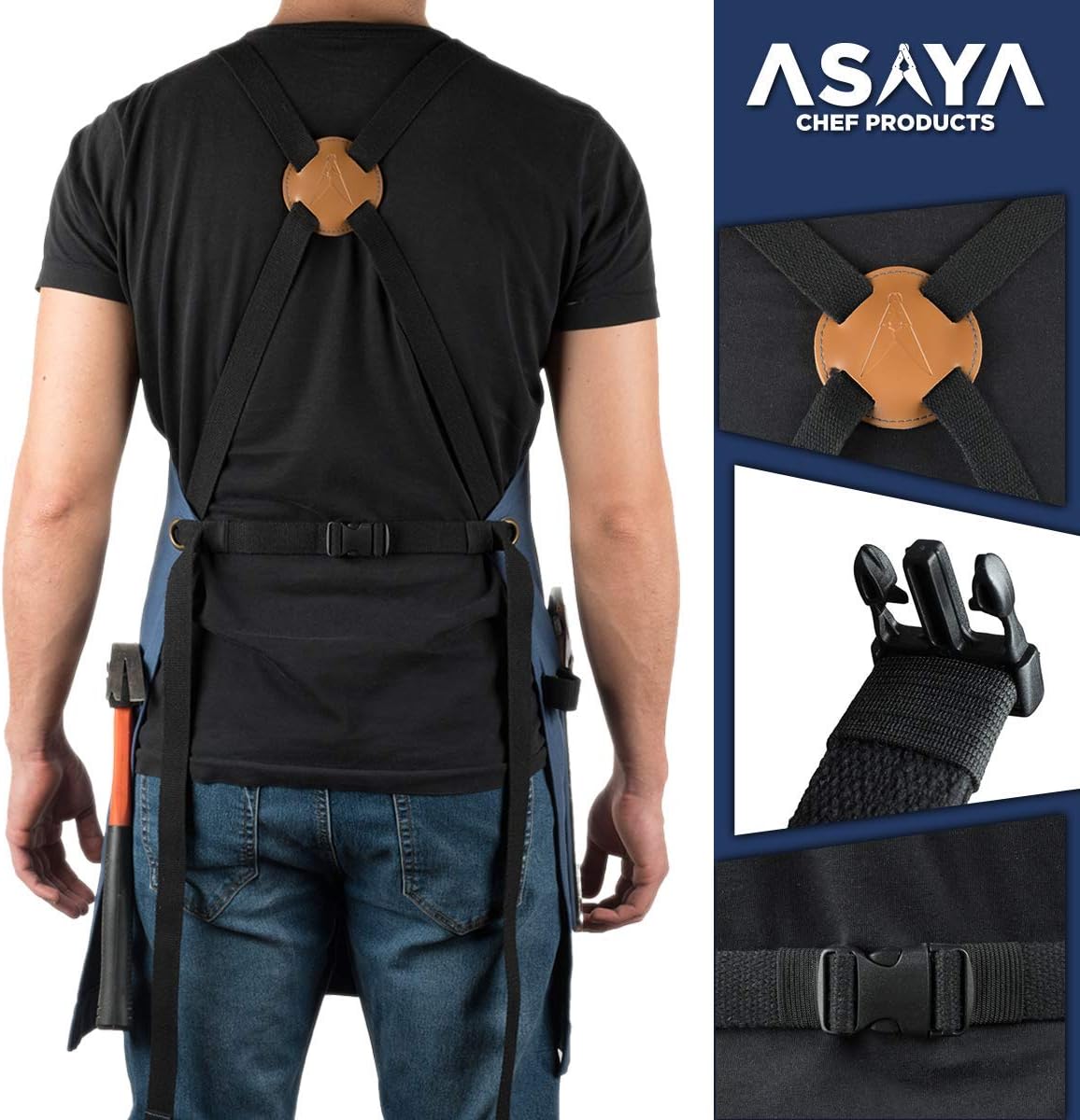 Asaya Chef and BBQ Apron with Bottle Opener and Hand Towel - 10oz Cotton Canvas, Stainless Steel Hardware - Cross Back Straps