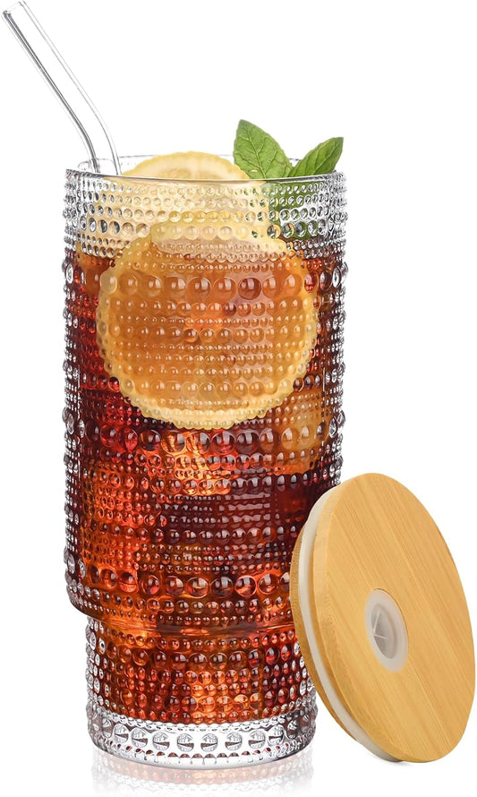 16OZ Glass Tumbler with Straw and Lid,Glass Cups with Lids and Straws,Ribbed Iced Coffee Cups Vintage Embossed Glassware for Juice Whiskey Cocktail Beer(1Pack)