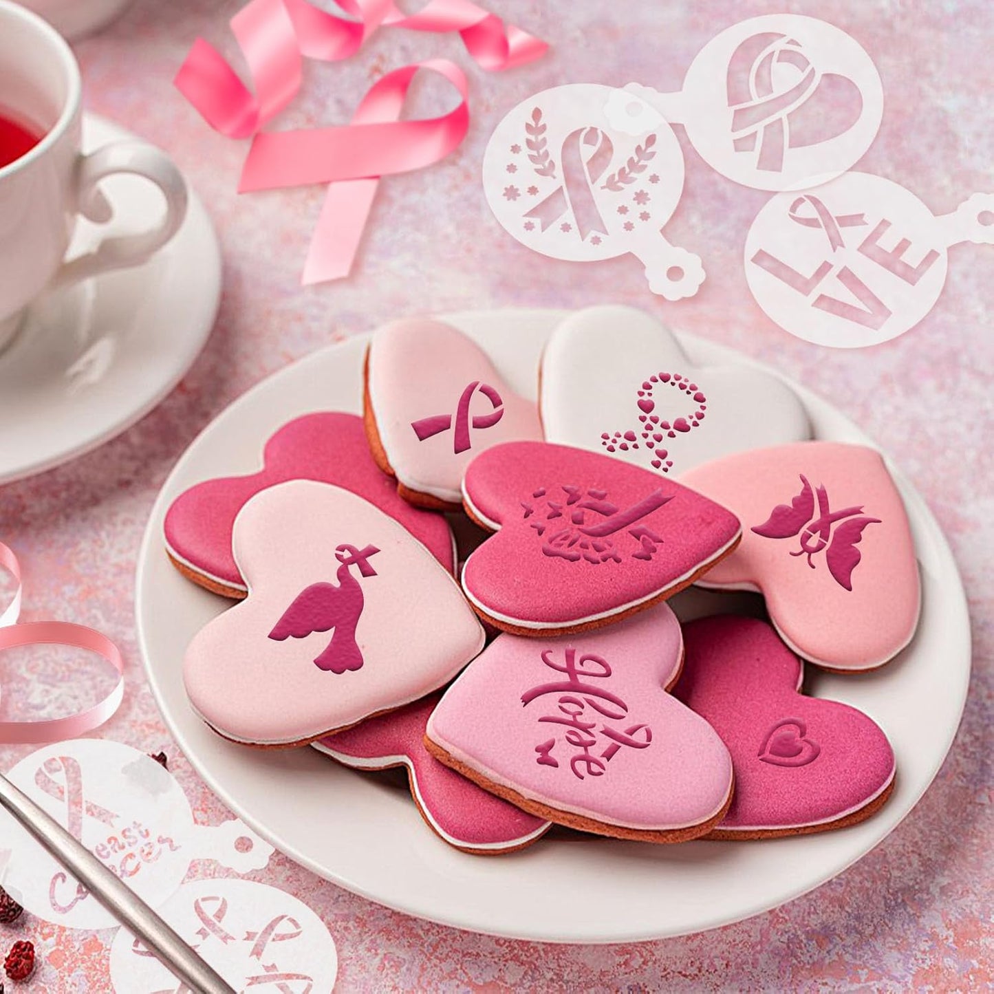 JULBEAR Breast Cancer Awareness Cookie Stencils, 36pcs Pink Ribbon Reusable Coffee Decoration Stencils Templates Tools for Cookies Baking Painting Dessert Decoration DIY Breast Cancer Awareness Party