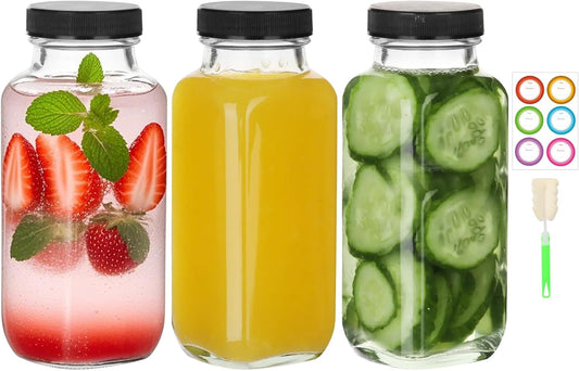 BIGIVACA 8 oz Glass Juice Bottles with Lids,3 PACK Bottles for Juicing,Square Drinking Jars Glass for Coffee,Cola,Milk,Tea in Travel,Work,School