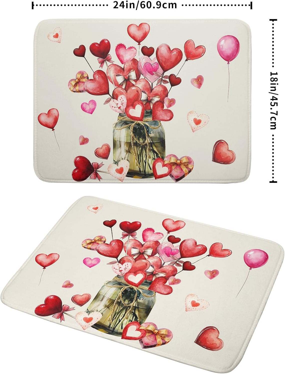 Valentine's Day Dish Drying Mat for Kitchen Counter,Red Love Canes Hearts Decorative Mason Jar Drying Mat 18 x 24 Inch with High Absorbent Microfiber Drainer Mat for Coffee Bar