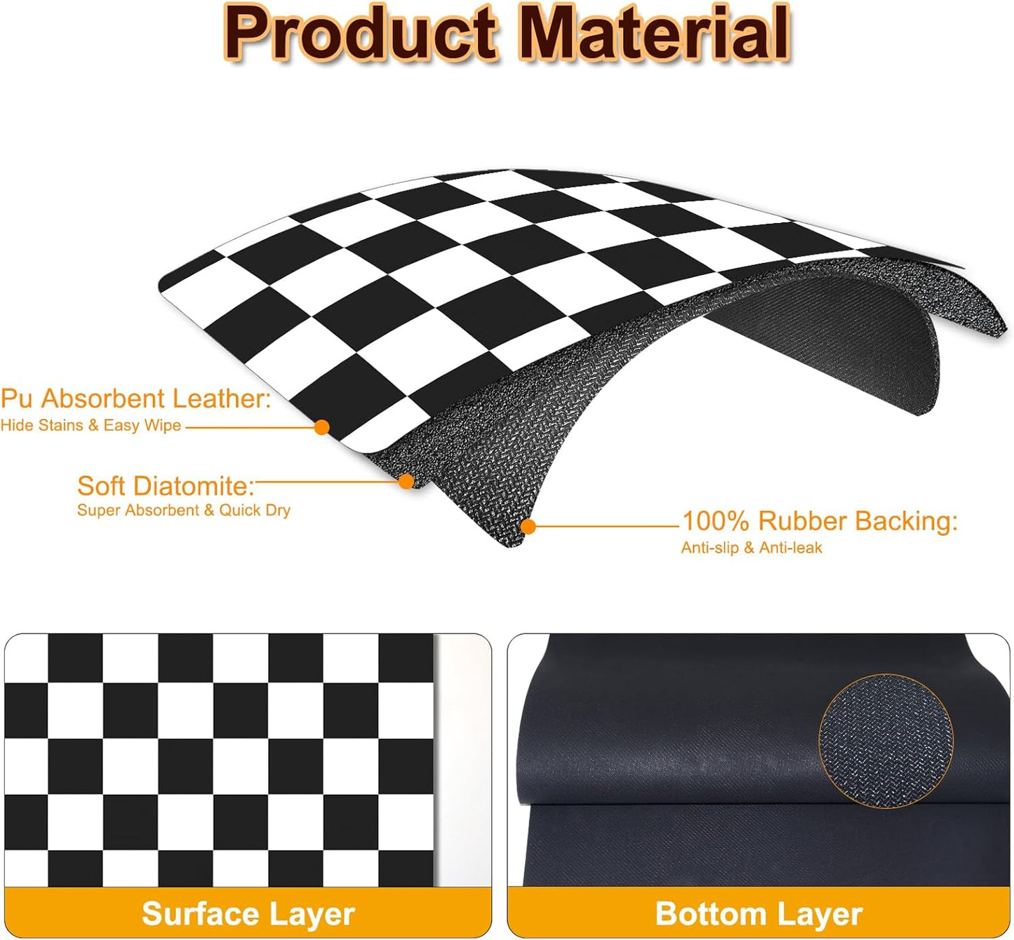 BLESWIN Dish Drying Mat for Kitchen, 15.7’’ X 17.7’’ Coffee Bar Mats for Countertop Fit Under Coffee Maker, Hide Stain Rubber Backed Espresso Machine Absorbent Drying Pad, Black & White