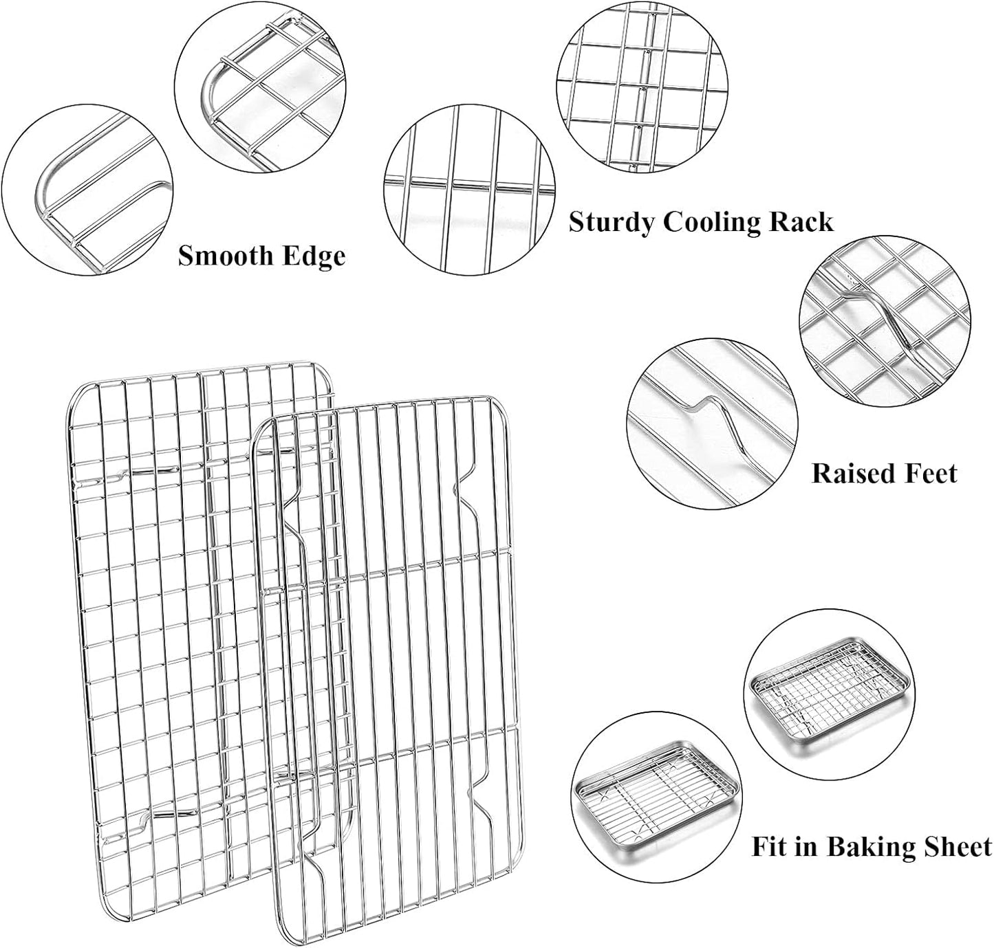 Baking Sheet with Rack Set, Yododo Set of 4 (2 Sheets + 2 Racks), Stainless Steel Cookie Sheet Baking Pan Tray with Cooling Rack, Non Toxic & Heavy Duty & Easy Clean - Size of 10 inch