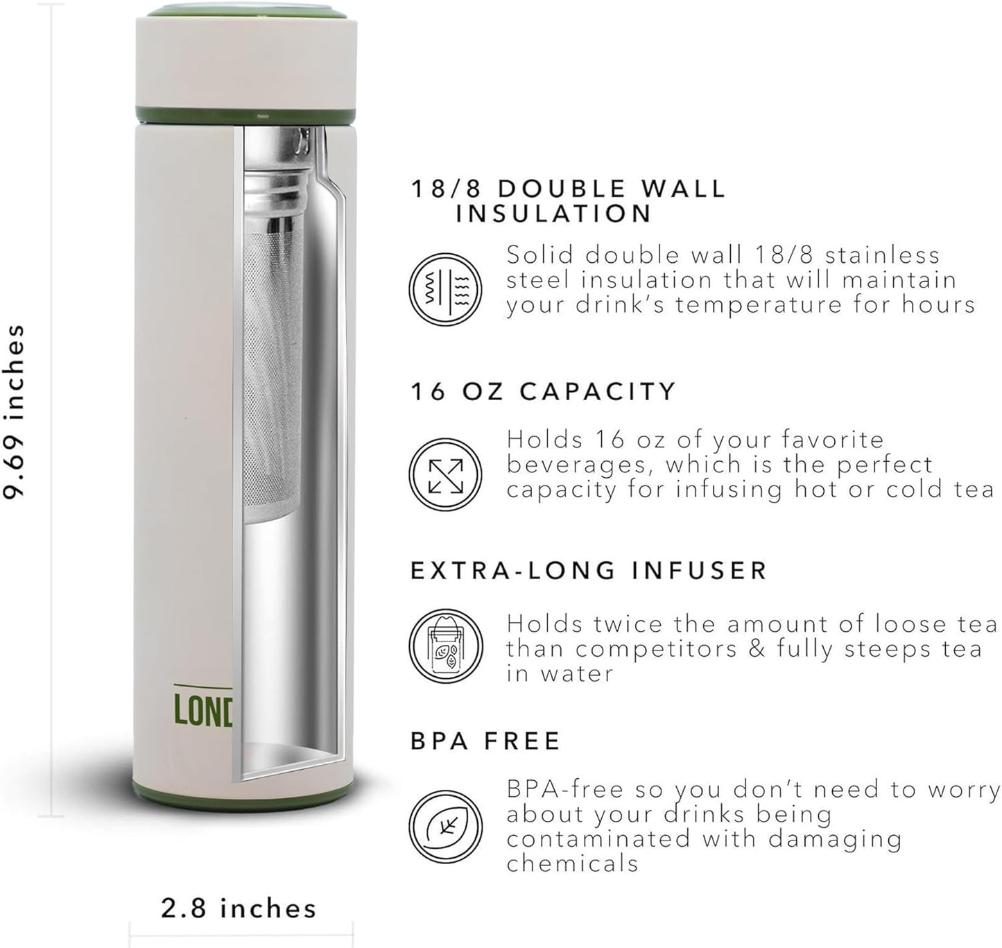 London Sip 16.9 oz Multi-Purpose Tea Infuser Mug – Fruit Infuser Water Bottle for Hot and Cold – Double Wall Stainless Steel Insulated, Safari Beige