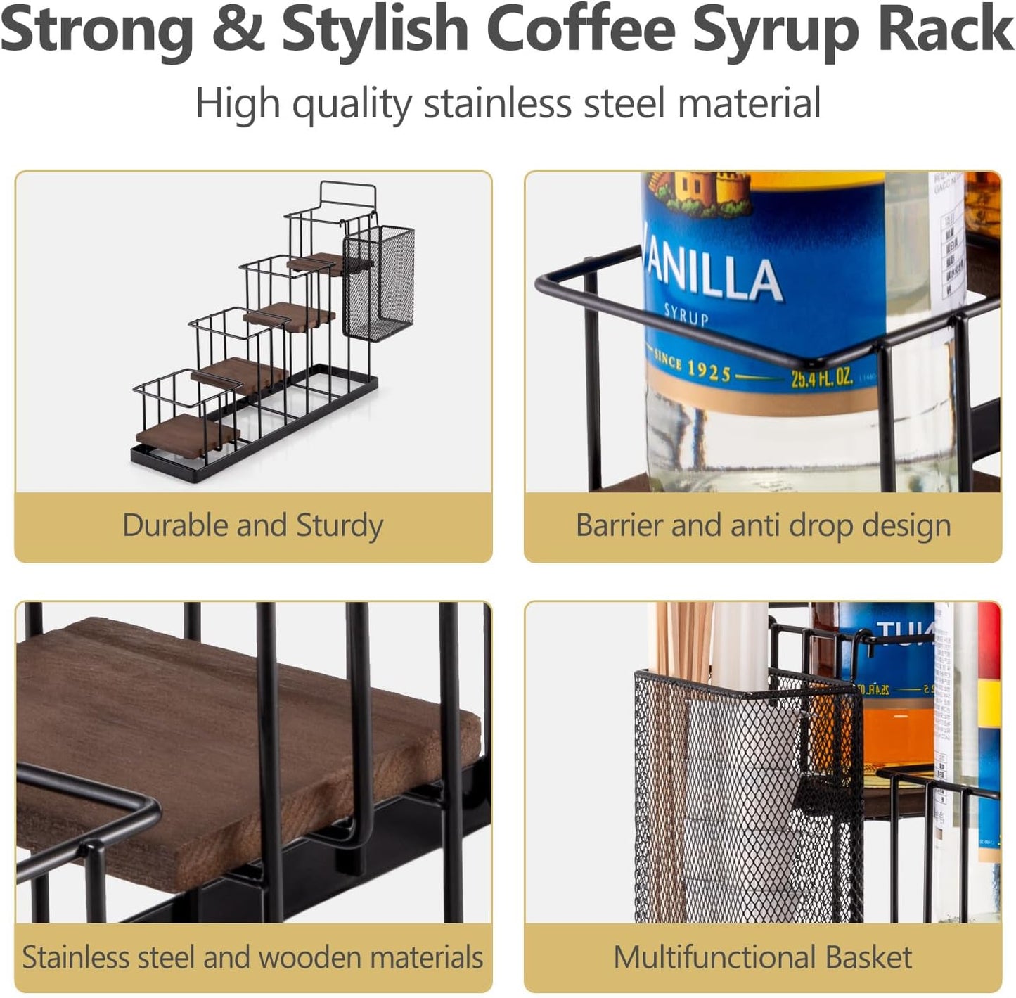 Coffee Syrup Rack Organizer, with Rustic Wood Holder Coffee Station Bar Accessory for Syrup, Wine, Dressing Bottle Countertop Display Storage Stand for Kitchen with Basket and Hooks Holds 4 Bottles