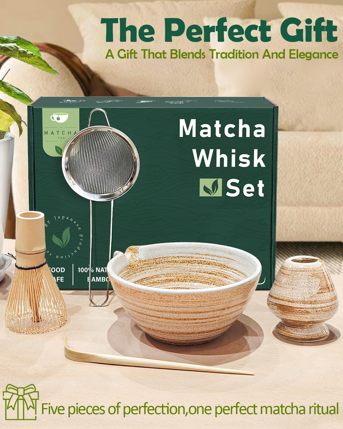 Matcha Whisk Set with Matcha Bowl, Matcha Whisk Holder Matcha Bamboo Whisks, Scoop, Sifter, Unique Gifts for Women Men Girl Friend Home Kitchen Decor Gifts for Tea Enthusiasts Christmas