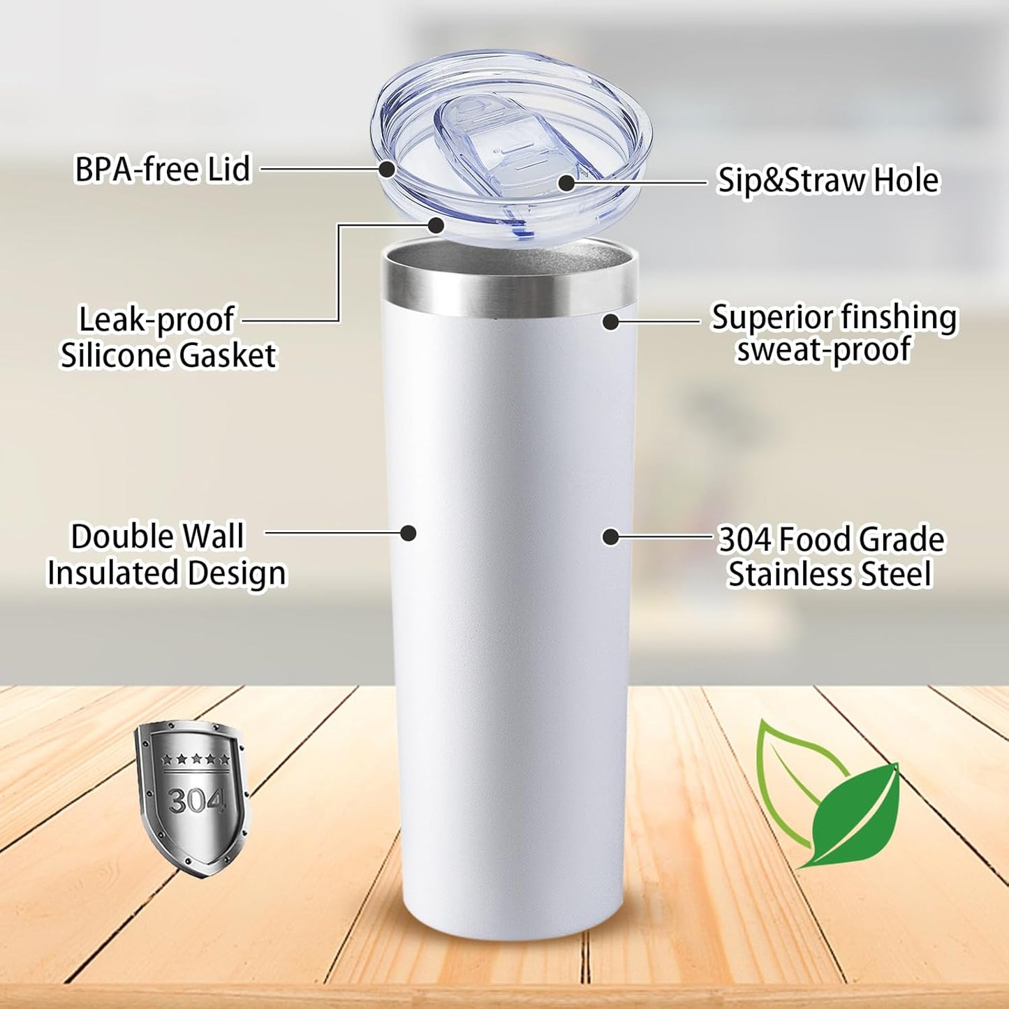 20 oz Skinny Tumbler with Lid and Straw,Stainless Steel Vacuum Insulated Tumbler Cup Double Wall Leak-proof Coffee Mug,Travel Thermal Water Tumbler for Home,Office,Outdoor(White,1)