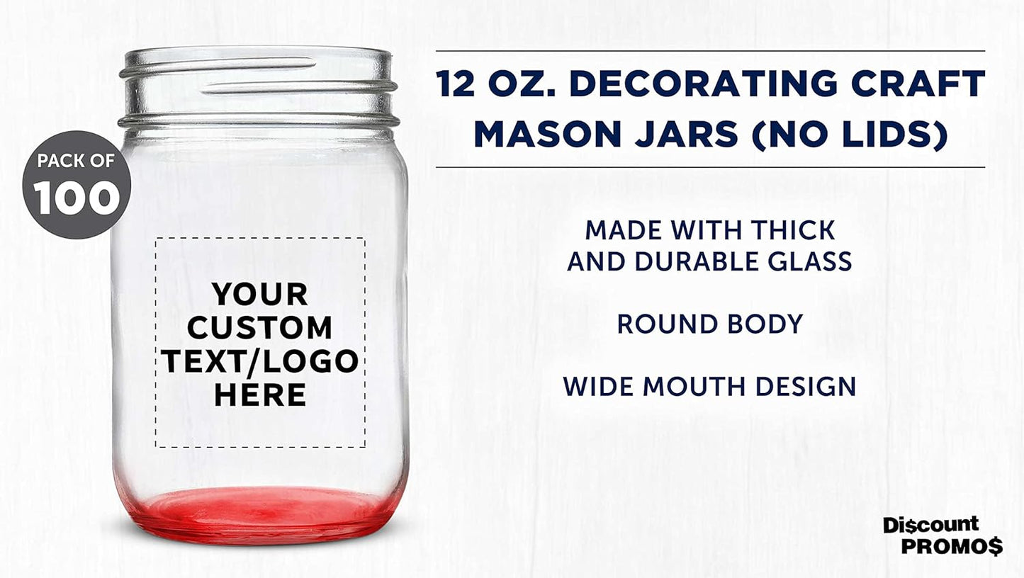 DISCOUNT PROMOS Custom Decorating Mason Jars 12 oz. Set of 100, Personalized Bulk Pack - Glass Jars for Overnight Oats, Candies, Fruits, Pickles, Spices, Beverages - Red