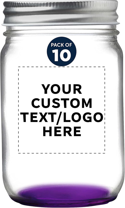 DISCOUNT PROMOS 10 Decorating Mason Jars Set, 12 oz. - Customizable Text, Logo - Canning, Aluminum Lid - Purple