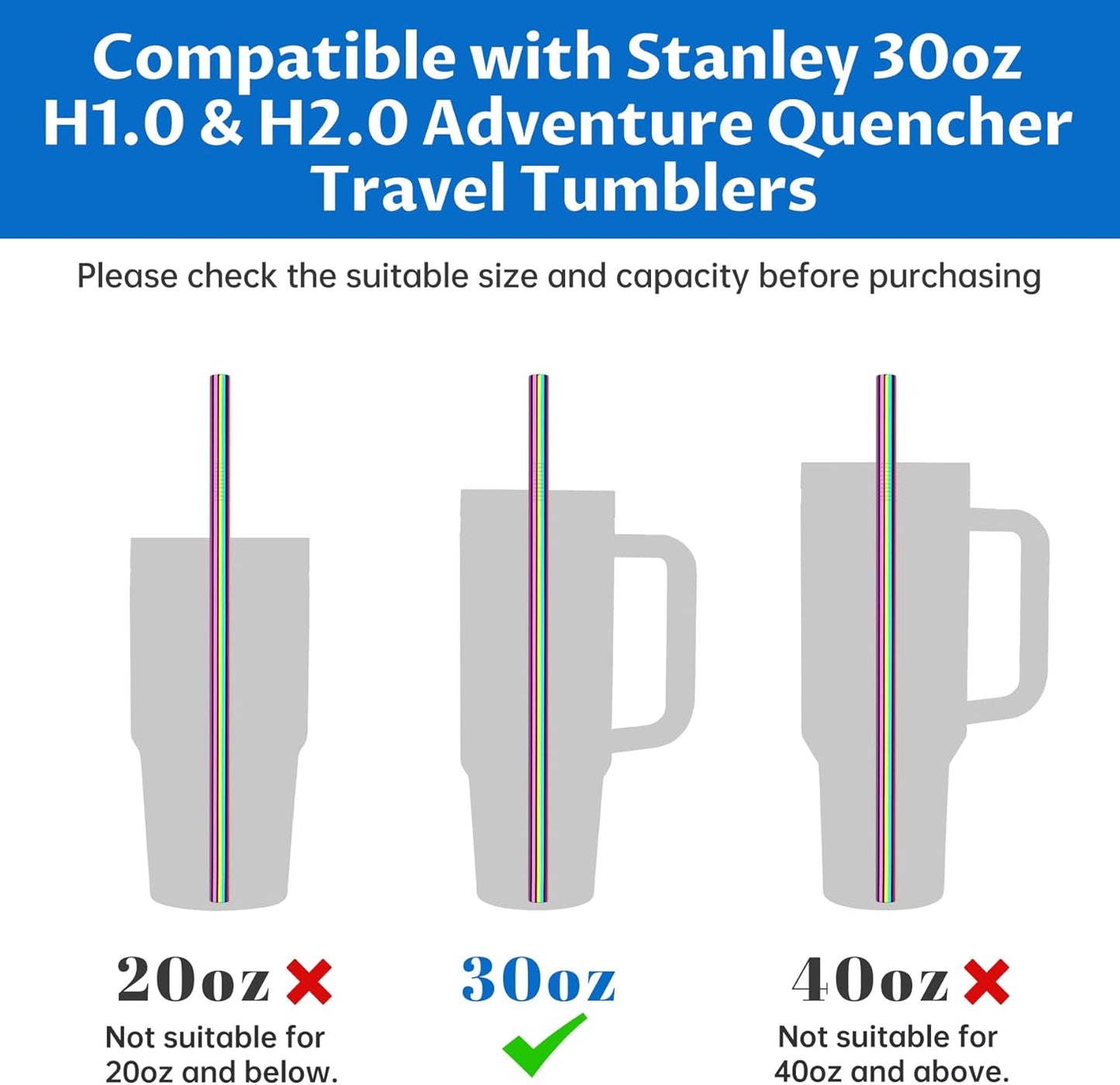 Tomorotec 11 Inch Stainless Steel Reusable Drinking Straws 14PCS & 2 Cleaning Brushes Set with Curved & Straight Designs, Compatible with 30oz Stanley Tumblers, Dishwasher Safe, BPA-Free (Metallic)