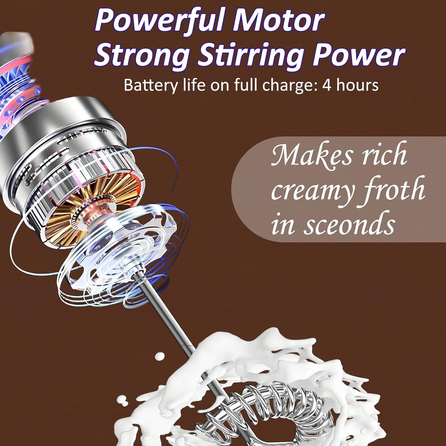 Electric Milk Frother Handheld & Stand, Rechargeable with Detachable Whisk - Fast Foam Maker for Latte, Cappuccino, Hot Chocolate, Egg – Black