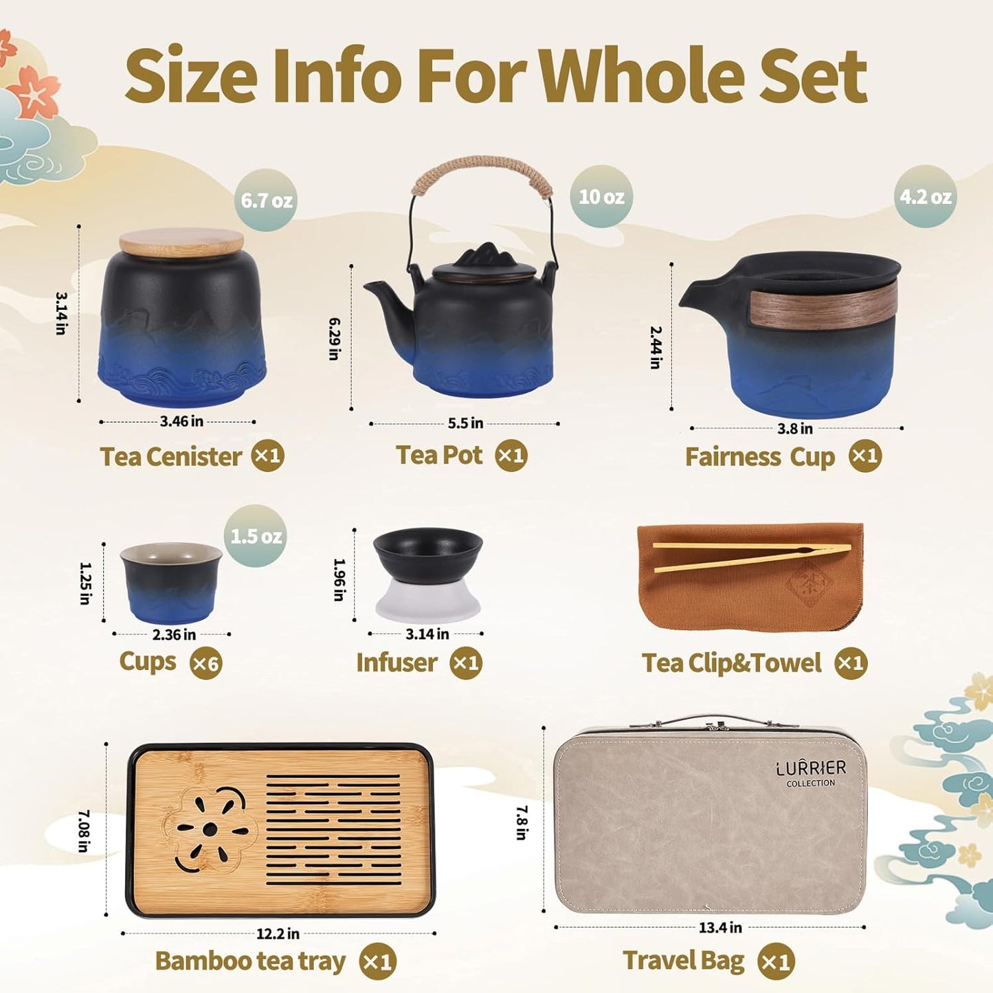 LURRIER Gongfu tea sets, Portable Ceramic TeaSet, Asian Tea sets for adult, Tea Gift sets, Grey leather case, Portable Travel Bag,Home,Gifting,Outdoor and Office(Black and Blue)
