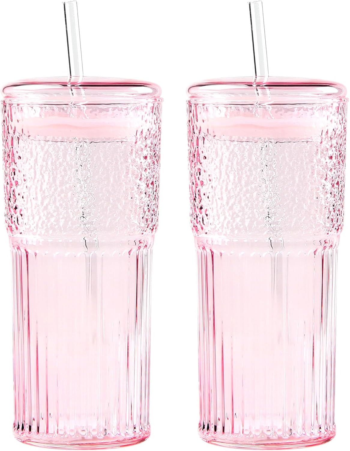 GOSCHE Glass Coffee Cups with Lids and Straws, 20oz Drinking Jar Glass Tumbler for Iced Coffee, Vintage Ripple Glassware Smoothie Cups, Pink, 2Pcs
