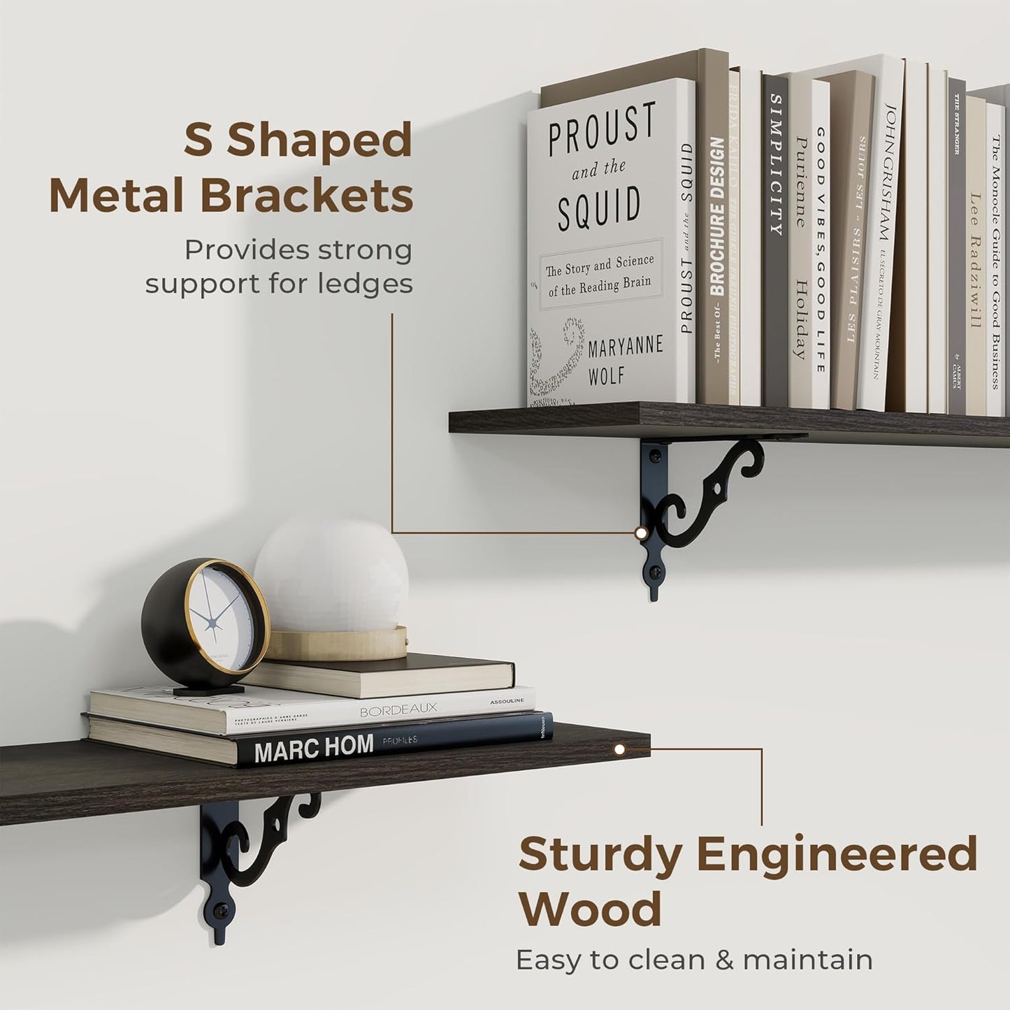 RICHFOCUS Floating Shelves for Wall Decor, 8 Inch Deep Wall Shelves Set of 2, 16W x 8D Black Floating Shelves Wall Mounted with Metal Brackets, Rustic Wood Shelves for Living Room Bedroom Kitchen