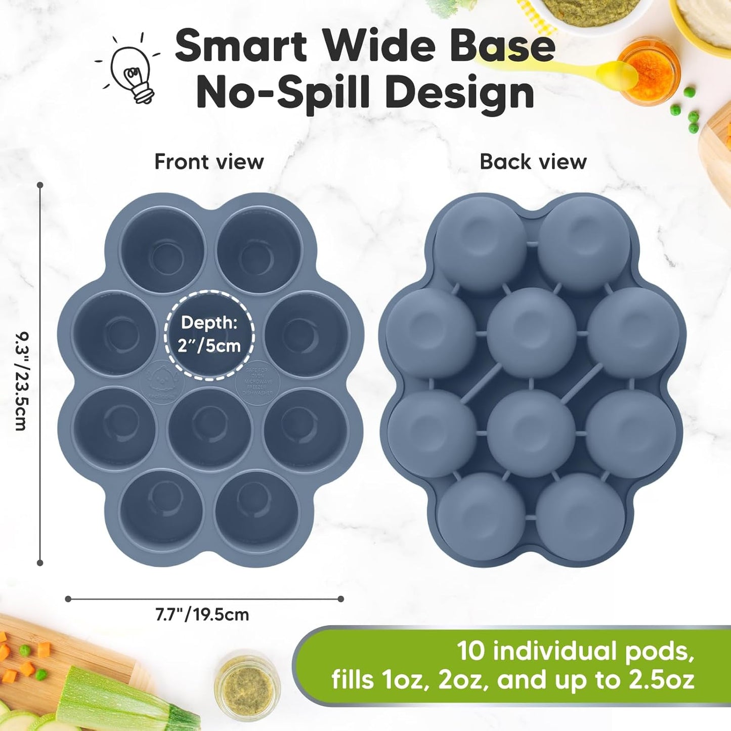 KeaBabies Silicone Food Freezer Trays with Lid, 2oz x 10 Pods Baby Food Storage Containers, Easy Puree Meal Prep, Breast Milk Silicone Freezer Molds, Dishwasher, Microwave Safe, BPA-Free (Slate)