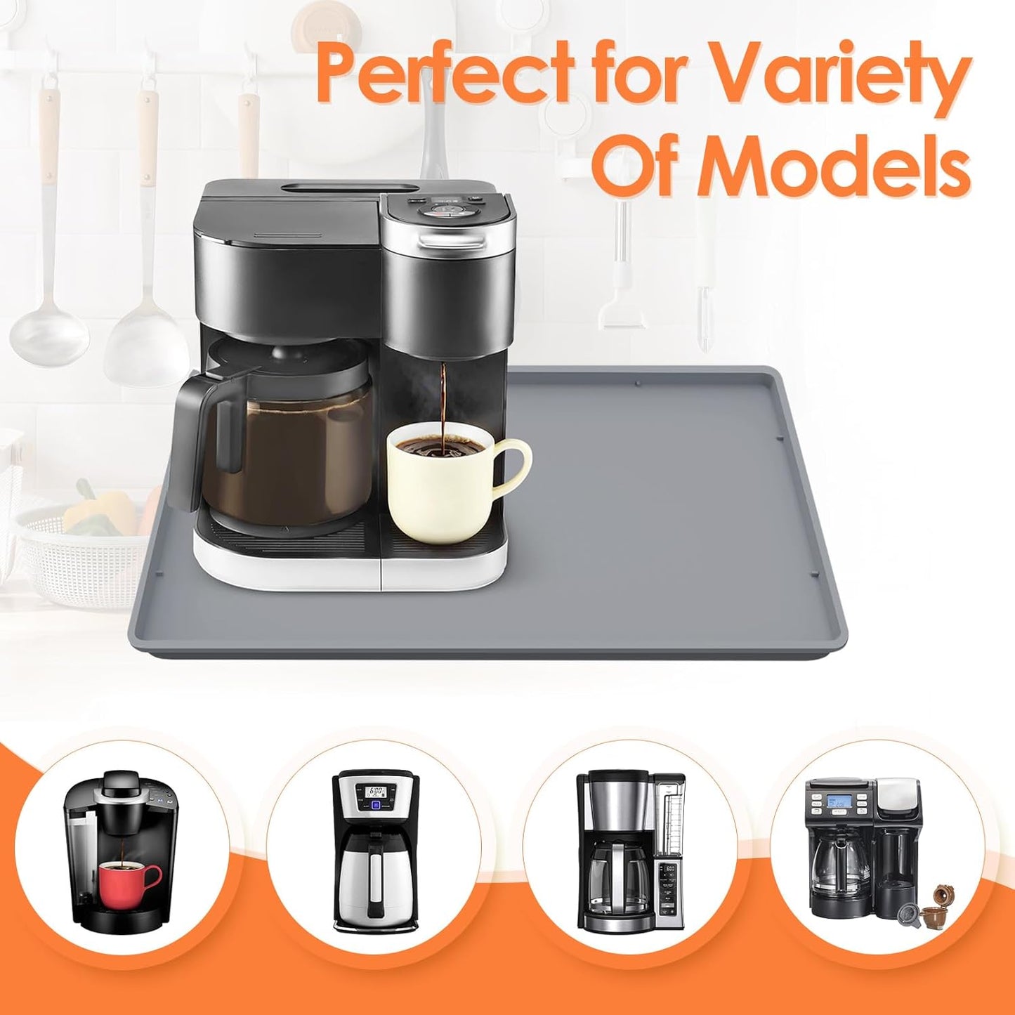 TOHONFOO Silicone Coffee Mat with Lip, 19.7'' x 15'' Heavy Duty Bar Mat, Coffee Tray for Countertop Fit Under Machine Pot Espresso Machine, Grey