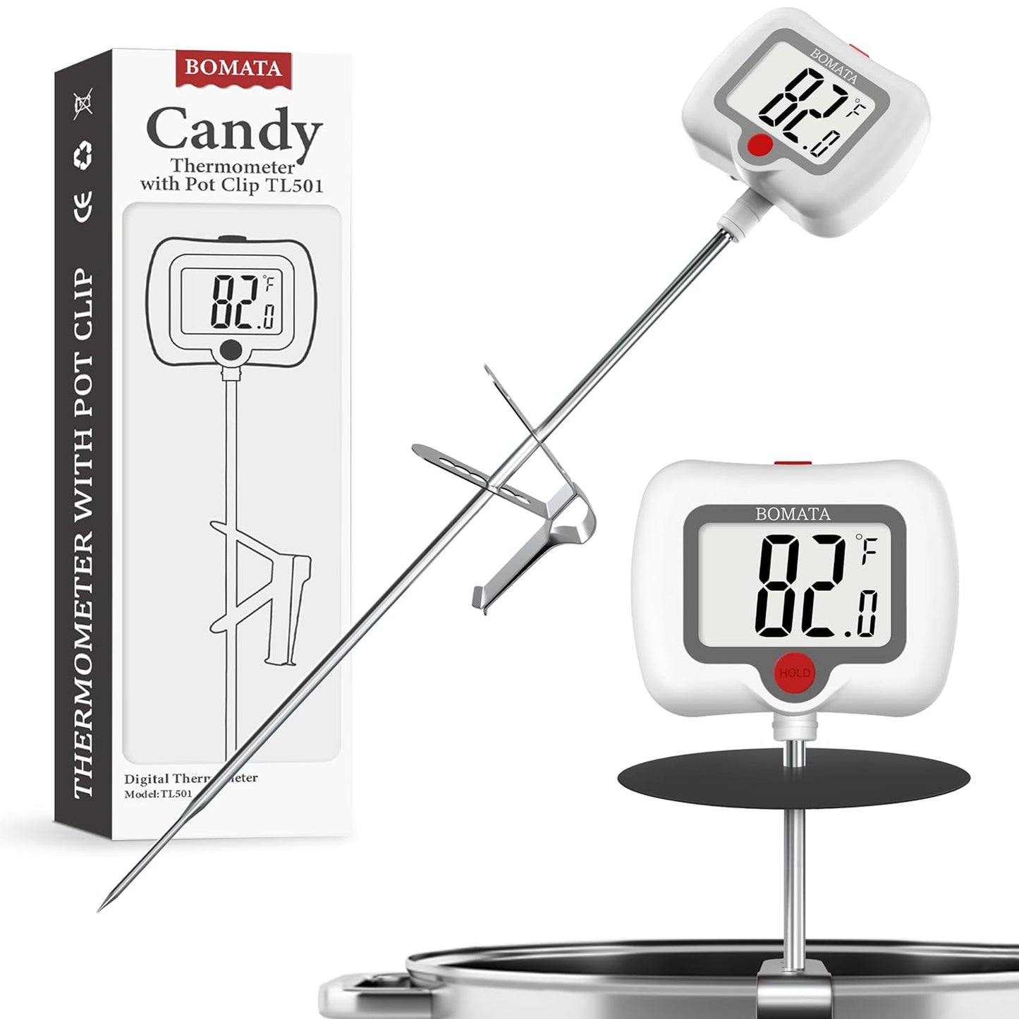 BOMATA Candy Thermometer with Pot Clip, Instant Read Cooking Thermometer with 8" Long Probe, Rotating Display, for Candy Making, Food, Candle Making, Liquids, Water, Baking, Sugar, Grilling. White