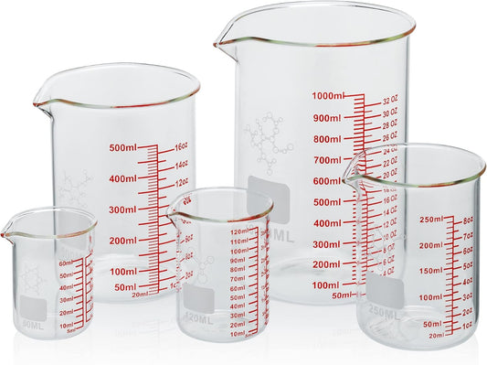 High Borosilicate Glass Measuring Cup Set-V-Shaped Spout,Includes 60ml(2OZ), 120ml(4OZ), 250ml(8OZ), 500ml(16OZ), and 1000ml (32OZ) for Kitchen or Restaurant, Easy to Read