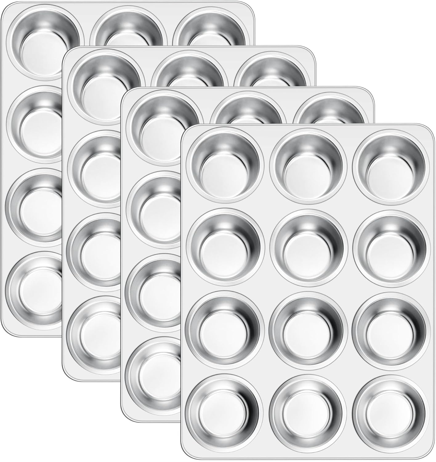 E-far 12-Cup Muffin Pan Set of 4, Stainless Steel Muffin Tins, Non-Toxic Metal Cupcake Pans Tray for Baking Small Mini Cupcake, Heavy Duty & Regular Size, Rust Free & Dishwasher Safe