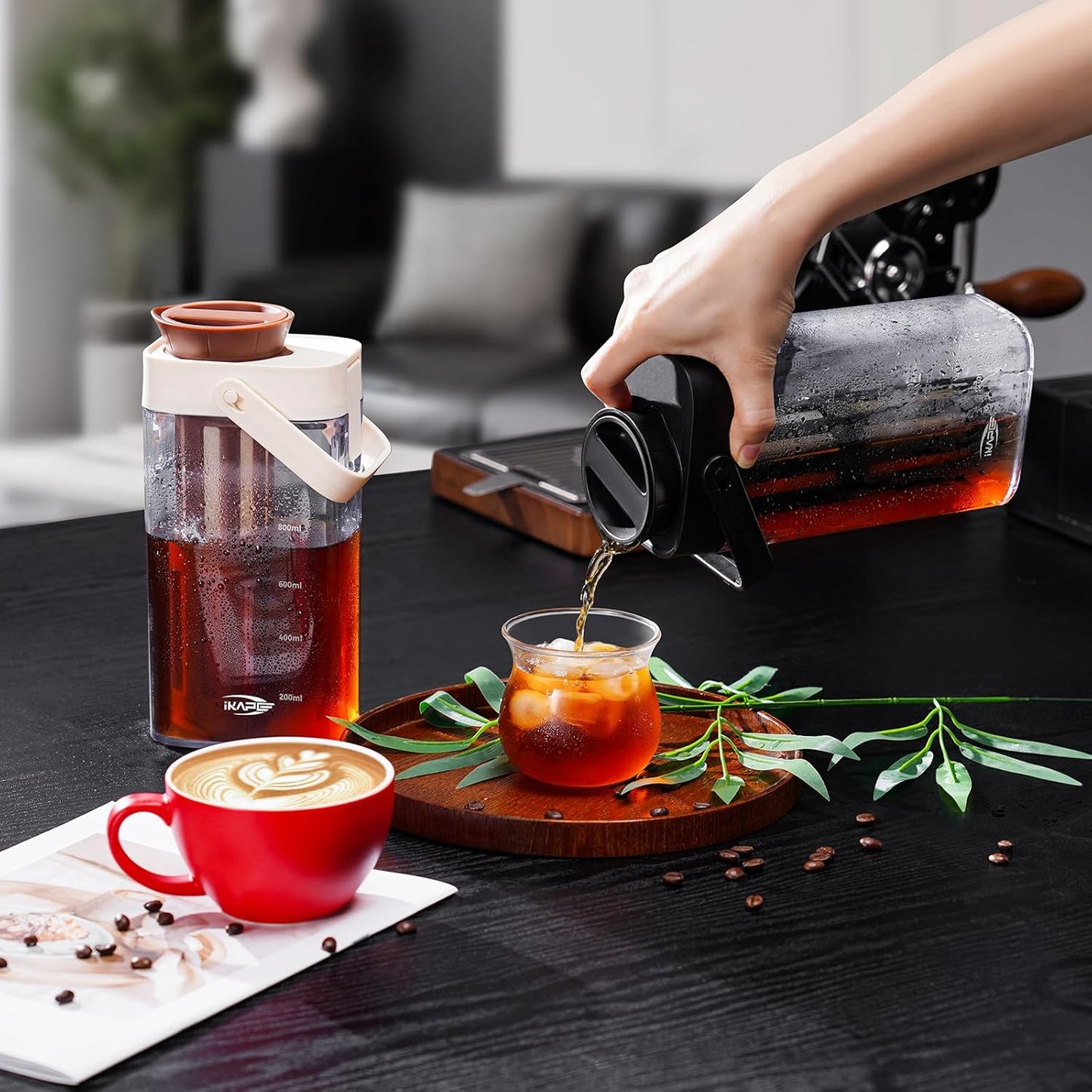 IKAPE 33.8oz Cold Brew Coffee Maker with Removable Filter, Leak-proof Spout for Iced Coffee, Tea & Flavored Drinks, Space Saving Tritan Pitcher