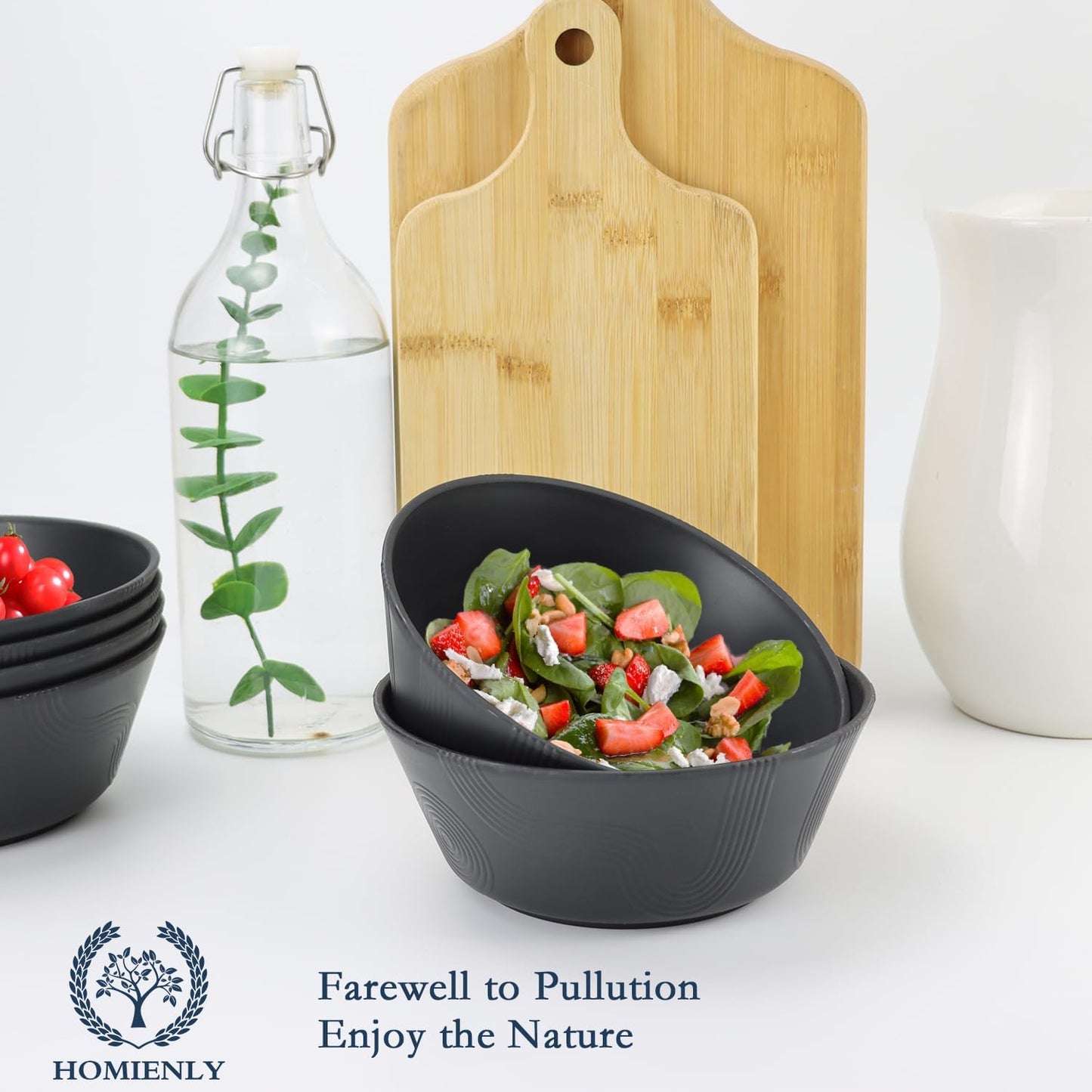 Homienly Cereal Bowl, Large Soup Bowl Set, Wheat Straw Bowl with Textured Design - 36oz Bowl Set, 6 PCS Microwave and Dishwasher Safe Bowls, Bowls for Kitchen, Serving Soup,Ramen,Pho,Salad - Black