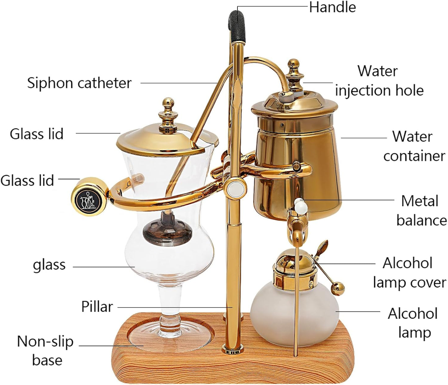 Belgian Luxury Royal Family Balance Syphon Coffee Maker Belgium Siphon Brewer Elegant Design Retro-Style Gravity Vintage Coffee Maker Vacuum Brewing System Copper (Gold)