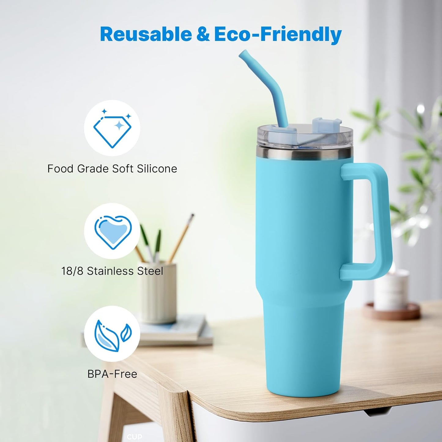 2 Pcs Stainless Steel Straws for 40 oz Stanley Tumbler, Replacement 40 oz Stanley Cup Straw Accessories with Silicone Tips and Cleaning Brush (Sky Blue)