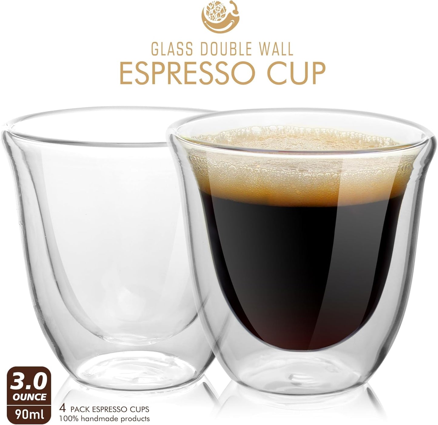 Double Wall Insulated Espresso Cups Set of 4-3oz Borosilicate Glass, Heat & Thermal Shock Resistant, Keeps Hands Cool, for Home, Cafe, Gift