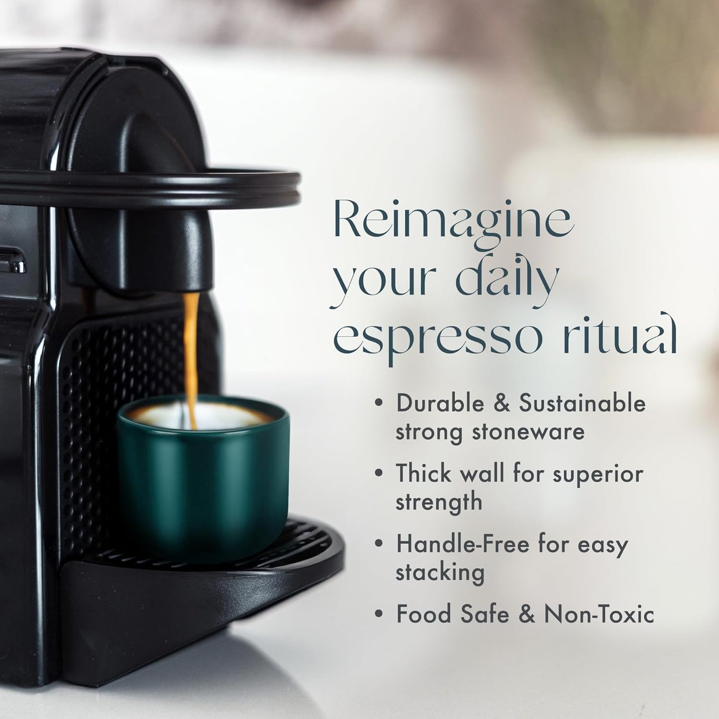 Folk Ceramics Leonard Ceramic Espresso Cups | Modern Stackable Demitasse Mugs for Espresso | Thick Walled, Handleless, Durable, Dishwasher & Microwave Safe | Set of 2, 3oz | Blue Emerald