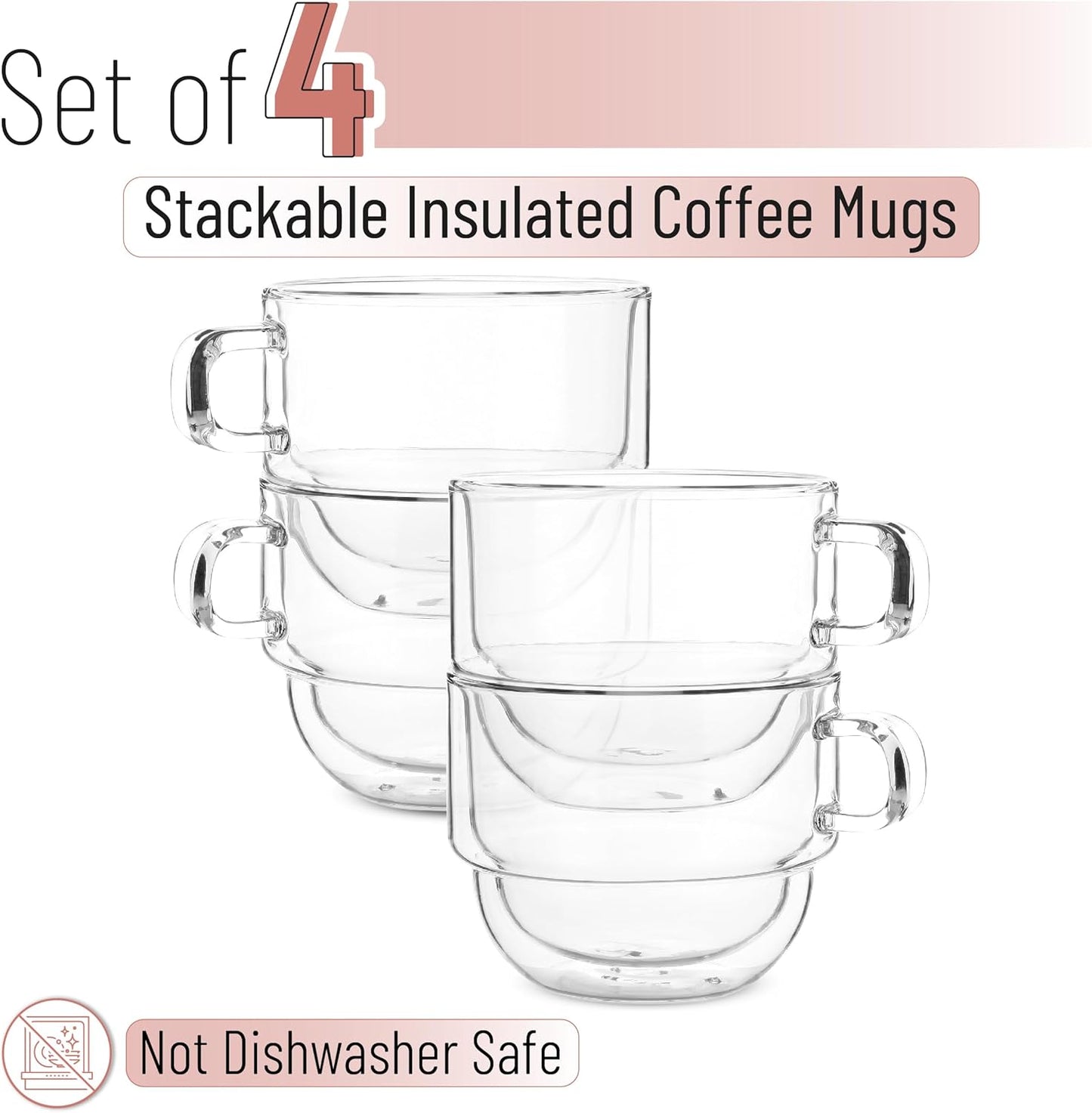 BTaT- Stackable Insulated Coffee Mugs, 4 Pack 12 oz(350 ml), Ideal for Hot and Cold Drinks, Stackable Cappuccino Cups, Double Wall Glass Coffee Cups, Tea Cups, Latte Cups, Latte Mug
