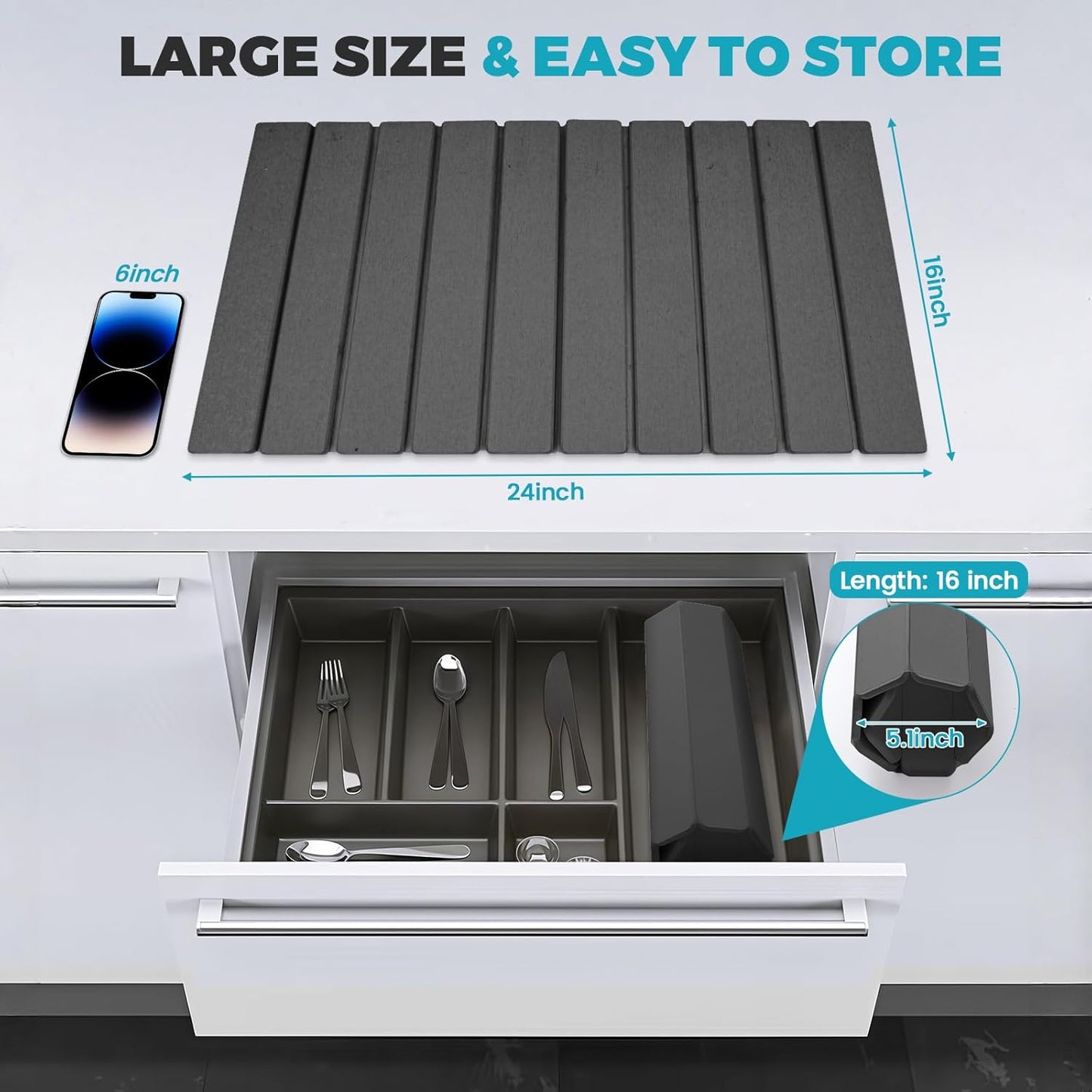 Extral Large Quick Dry Stone Drying Mat for Kitchen Counter,24"(L)x16"(W) Collapsible Eco-Friendly Absorbent Diatomaceous Earth Mat for Dishes Cups,Dish Drying Mats for Any Countertop ﻿