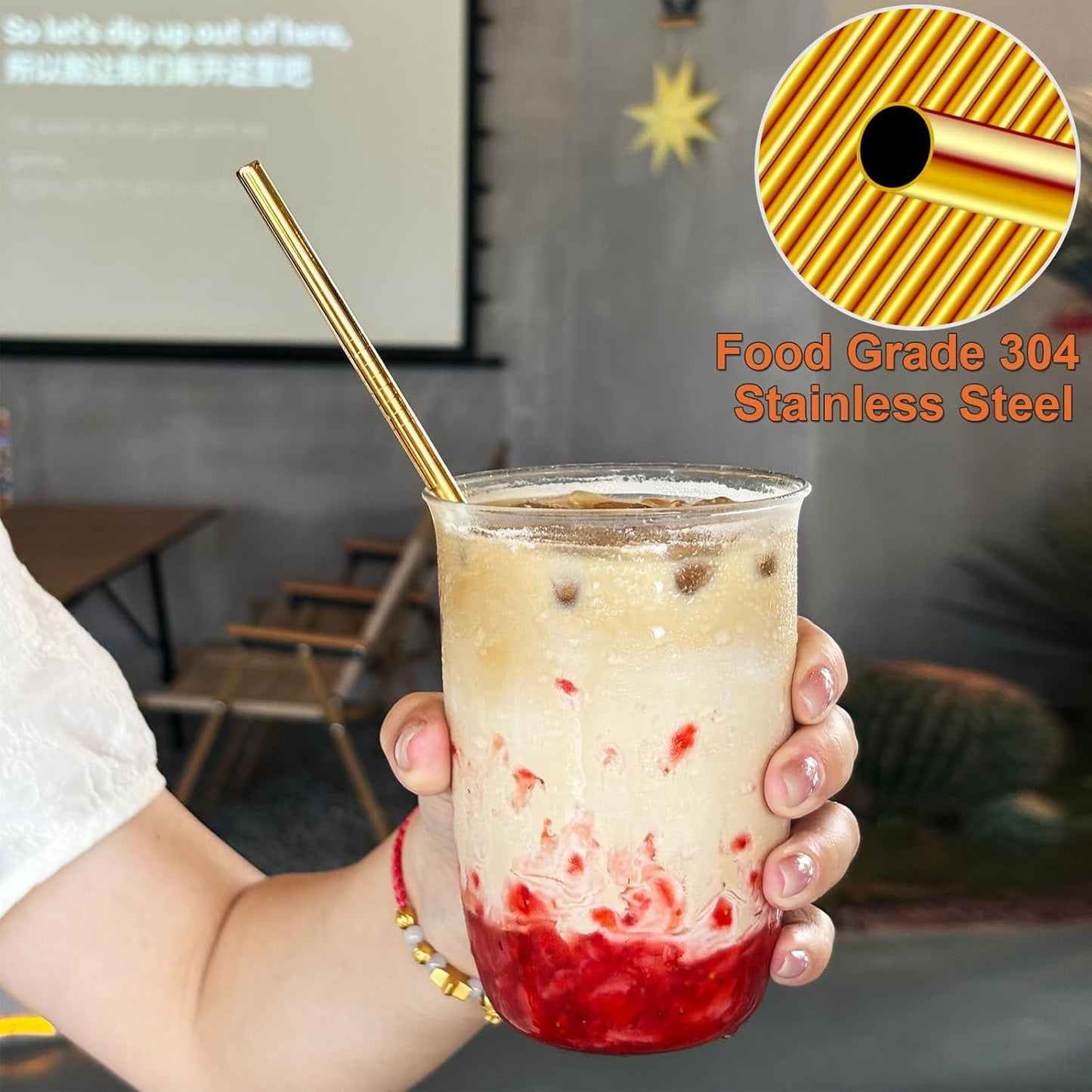 Stainless Steel Straws Metal Reusable Drinking Straw for Juice Iced Coffee Cold Beverage Water Highball Glasses 20oz Tumblers Mugs Cups, 0.24" 6mm Wide 215mm Long, Set of 8 with Brush, Gold